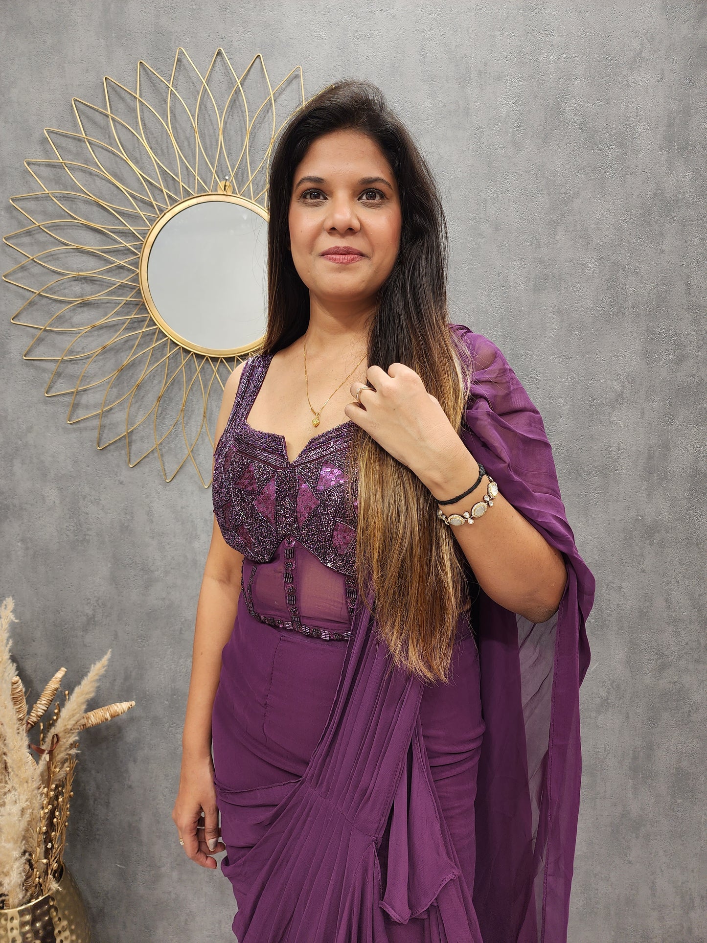 COCKTAIL WINE SIDE CUT RUFFLES DRAPE SAREE