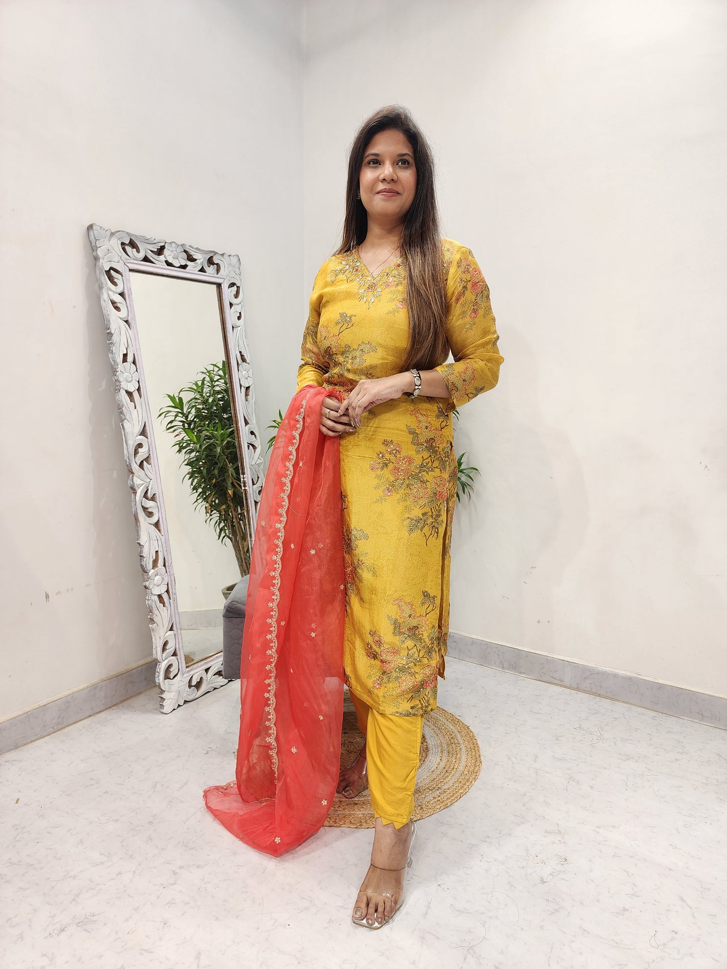 MANGO YELLOW TISSUE EMBROIDERED SUIT WITH ORGANZA DUPATTA