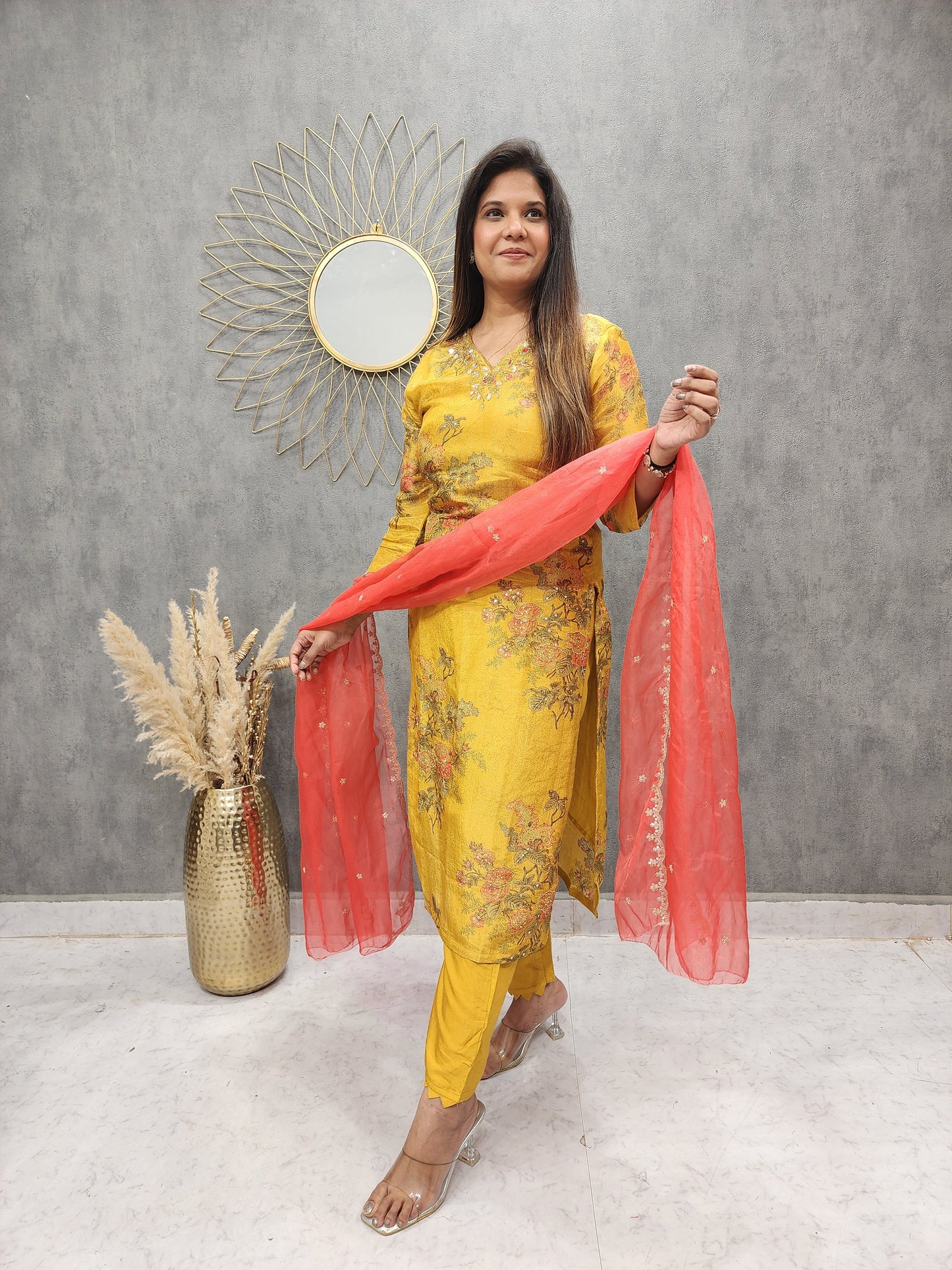 MANGO YELLOW TISSUE EMBROIDERED SUIT WITH ORGANZA DUPATTA
