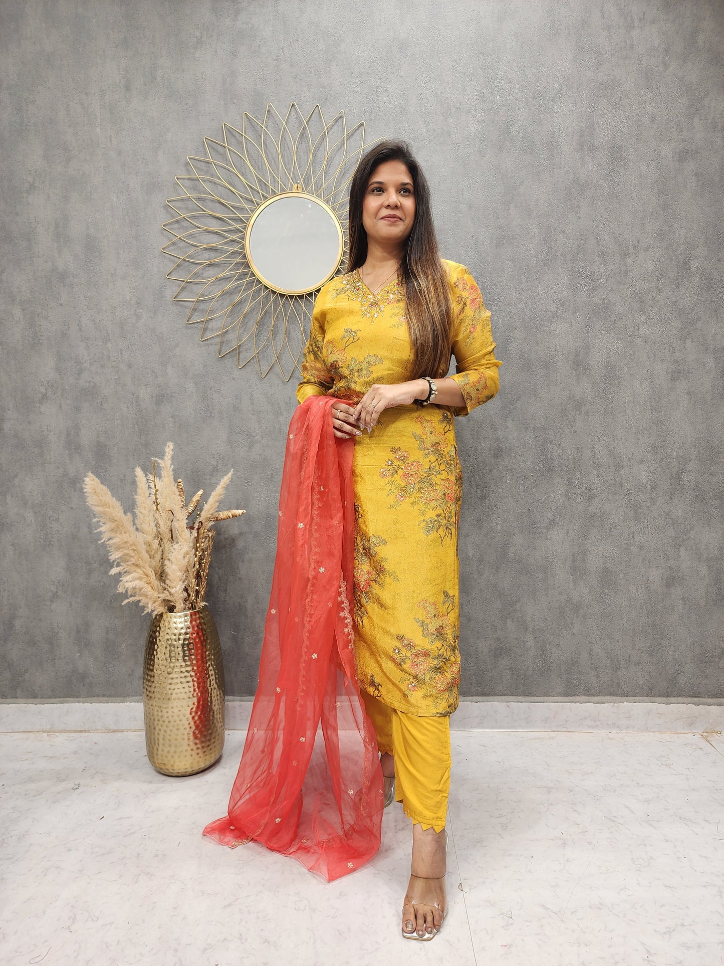 MANGO YELLOW TISSUE EMBROIDERED SUIT WITH ORGANZA DUPATTA