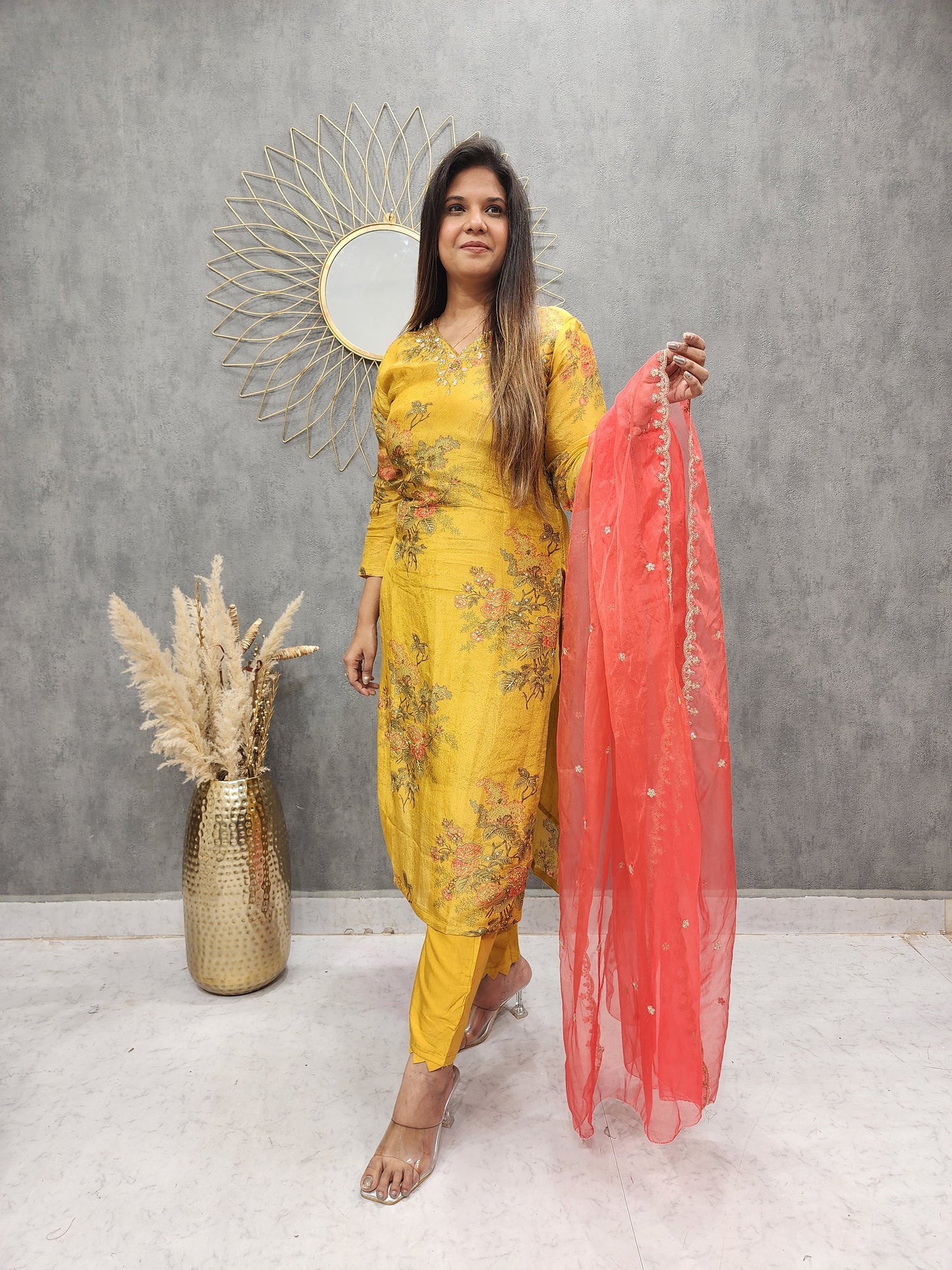 MANGO YELLOW TISSUE EMBROIDERED SUIT WITH ORGANZA DUPATTA