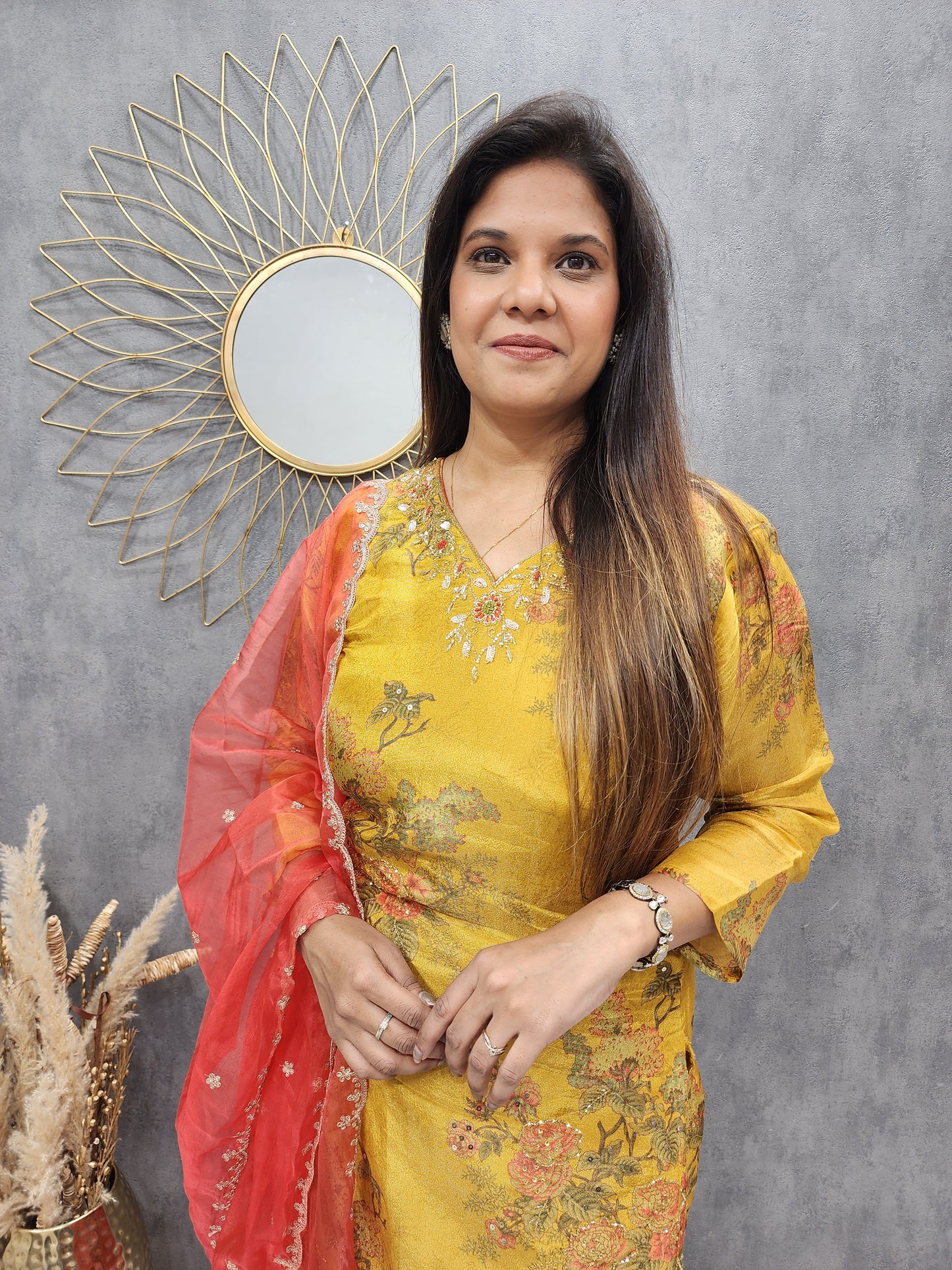 MANGO YELLOW TISSUE EMBROIDERED SUIT WITH ORGANZA DUPATTA