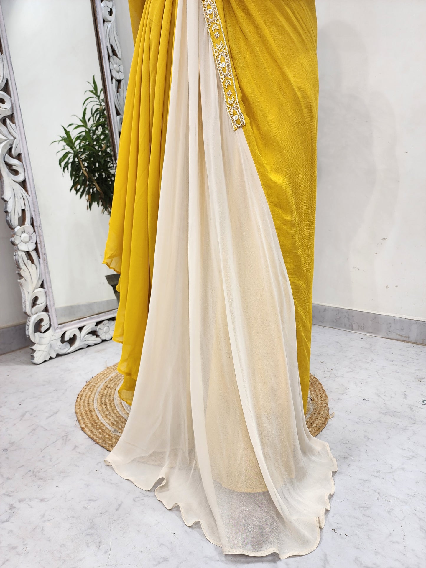 Blend of yellow and offwhite drape maxi gown