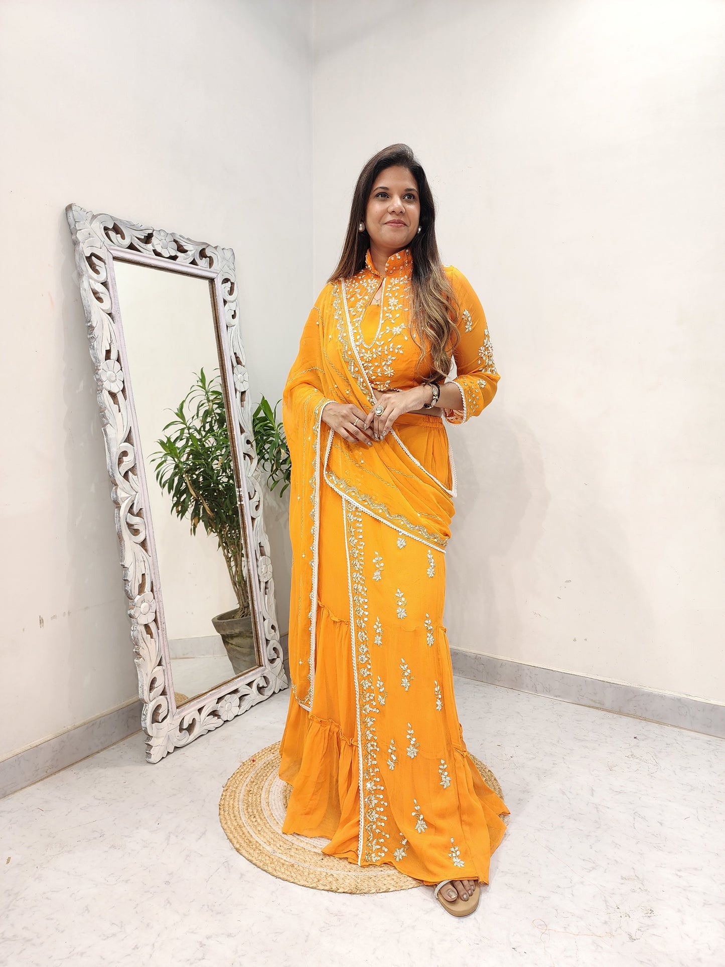 MADHURI ORANGE DRAPE EMBROIDED SAREE