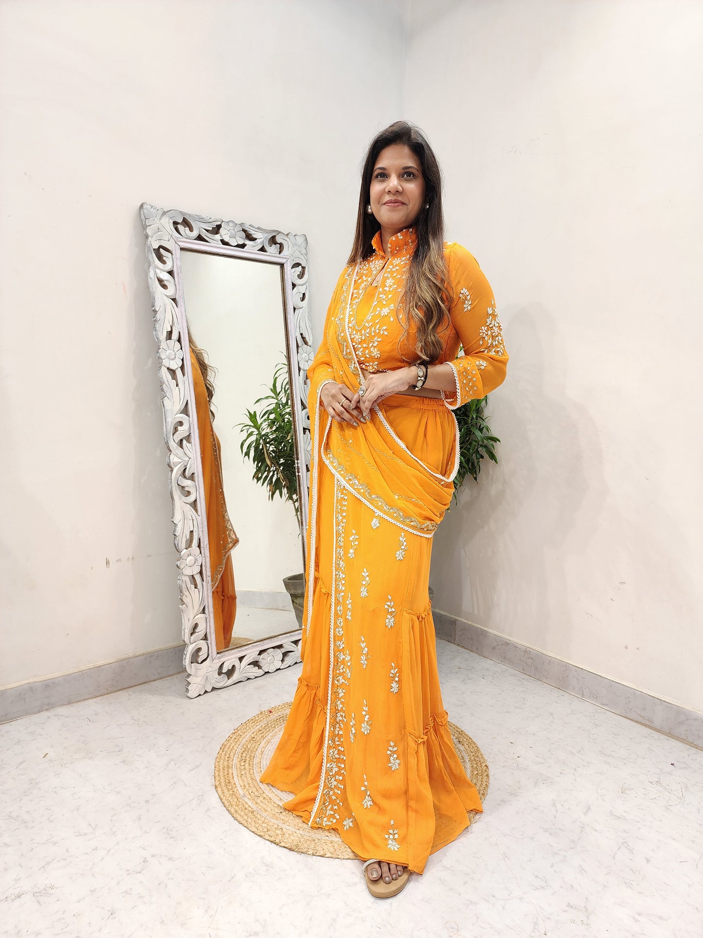 MADHURI ORANGE DRAPE EMBROIDED SAREE