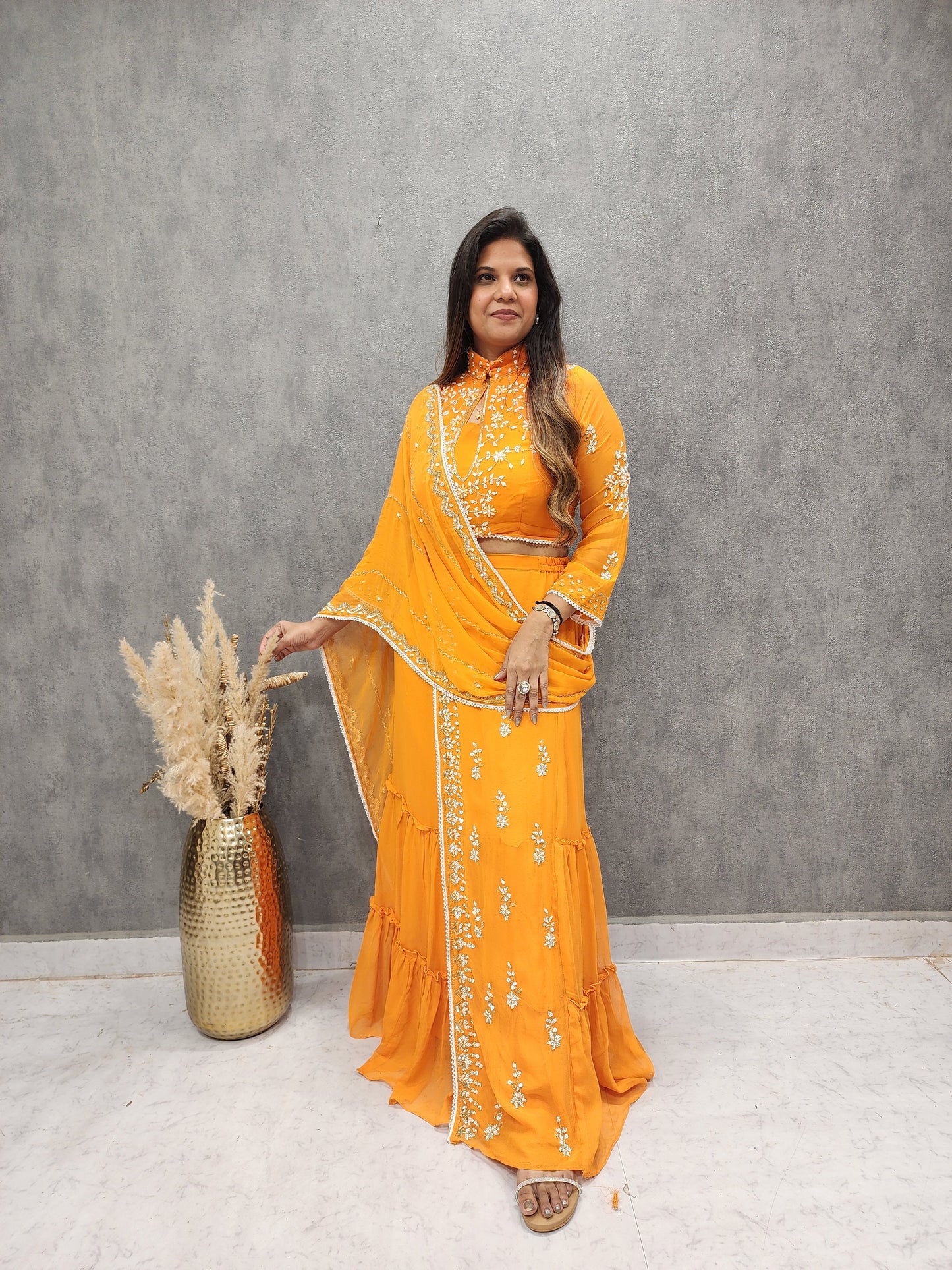 MADHURI ORANGE DRAPE EMBROIDED SAREE