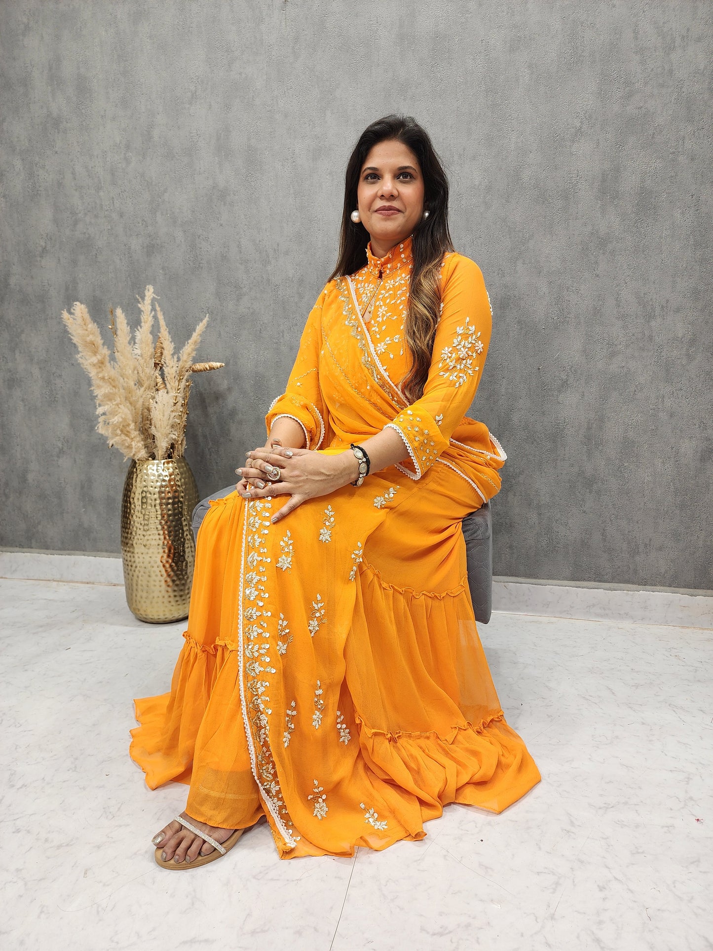 MADHURI ORANGE DRAPE EMBROIDED SAREE