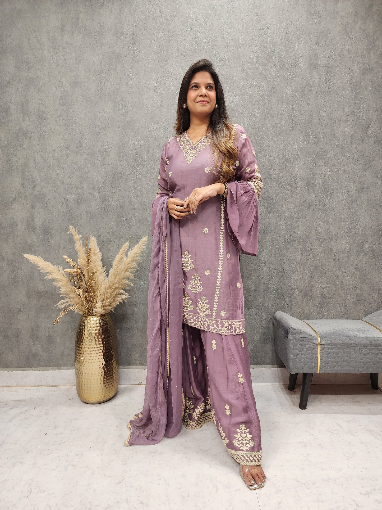 PURPLE THREADWORK EMBROIDERED DIVIDER SUIT