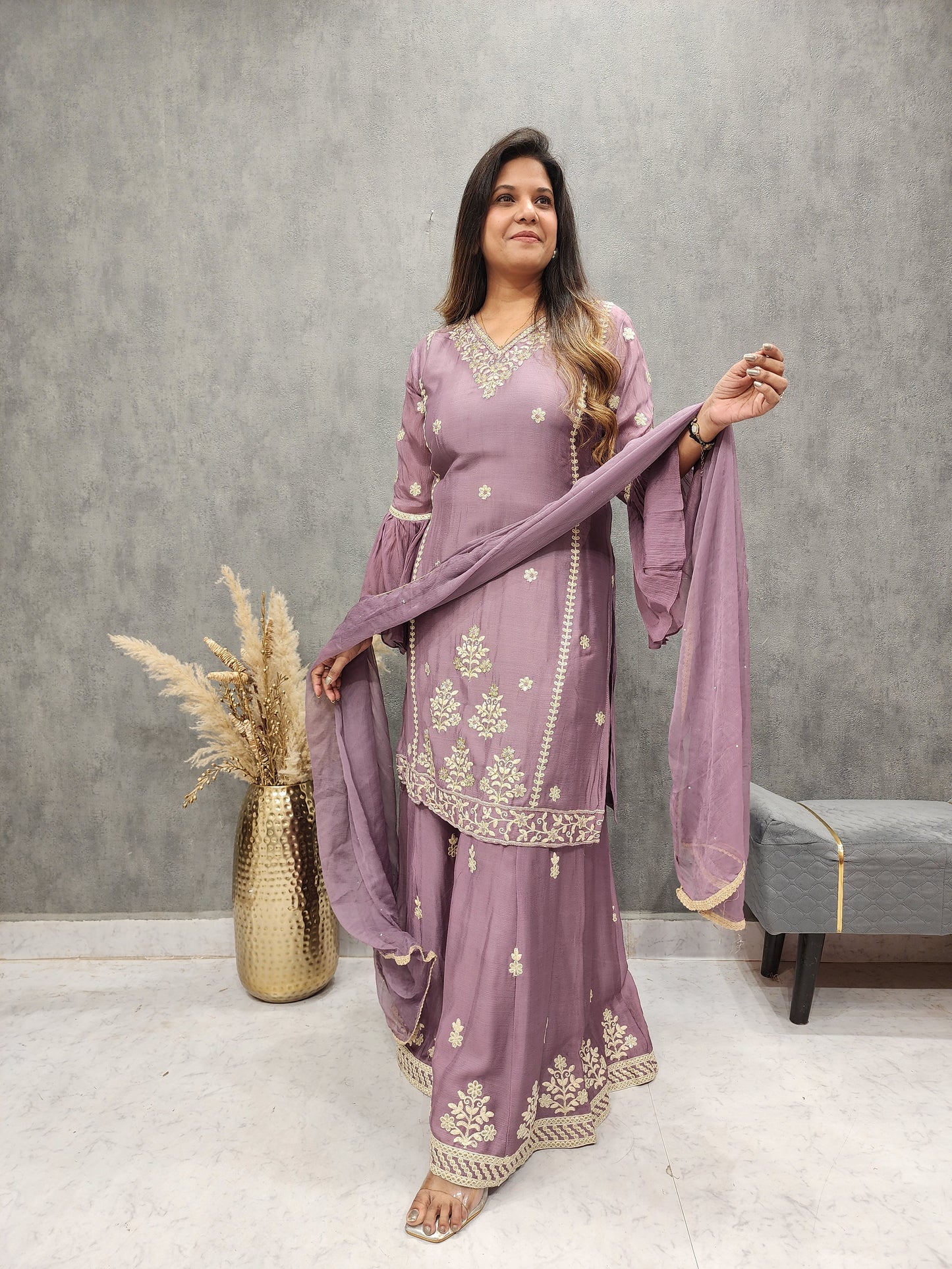 PURPLE THREADWORK EMBROIDERED DIVIDER SUIT