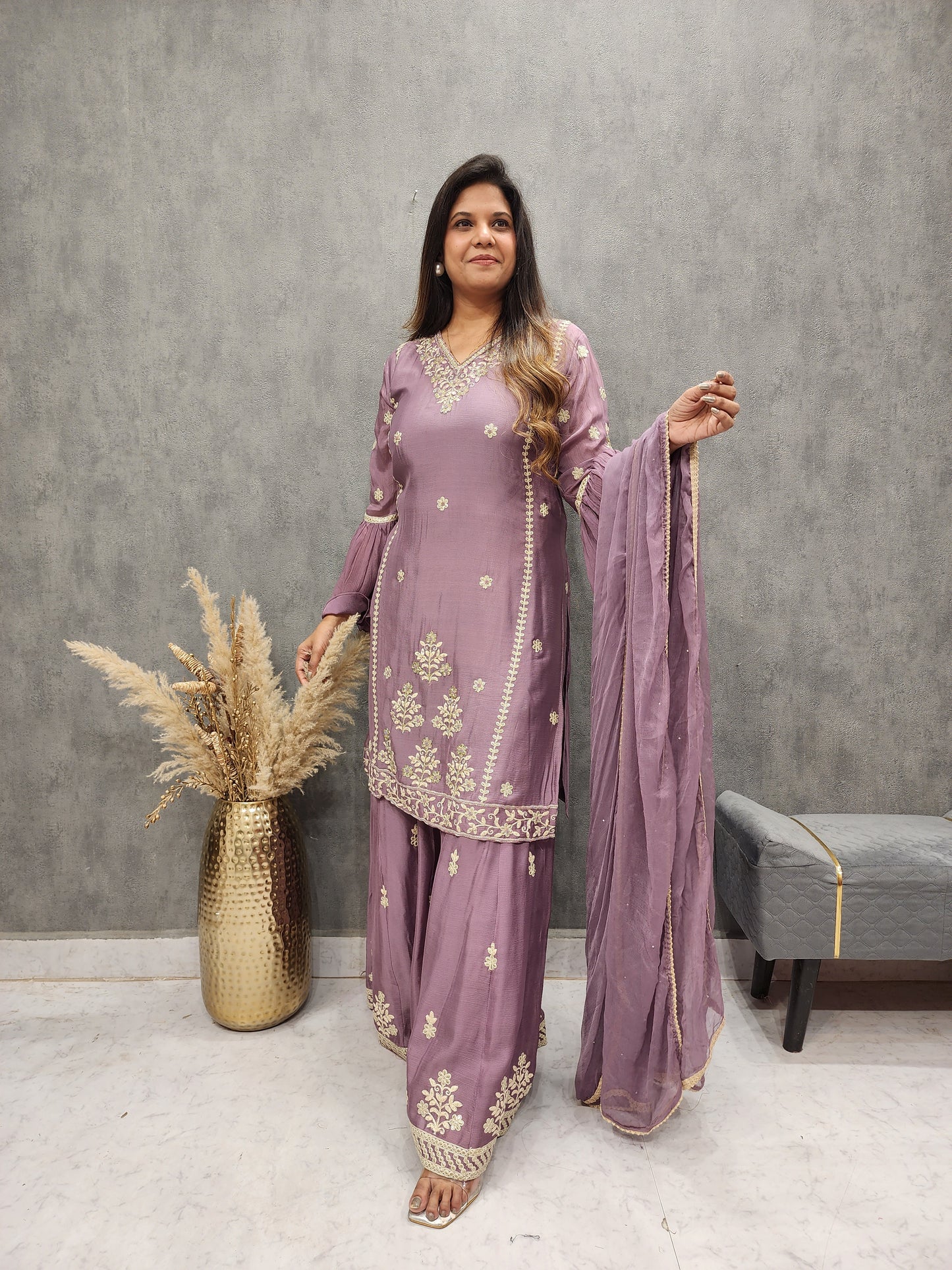 PURPLE THREADWORK EMBROIDERED DIVIDER SUIT