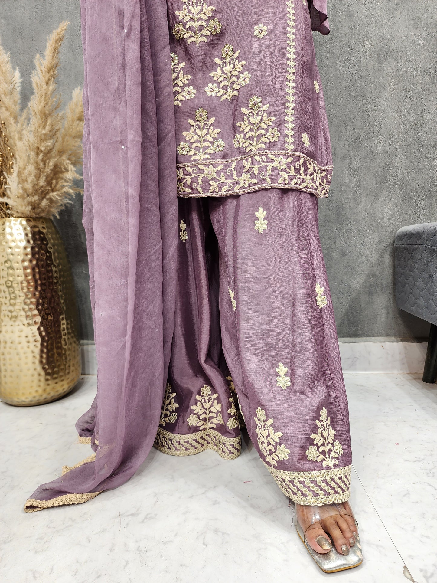 PURPLE THREADWORK EMBROIDERED DIVIDER SUIT