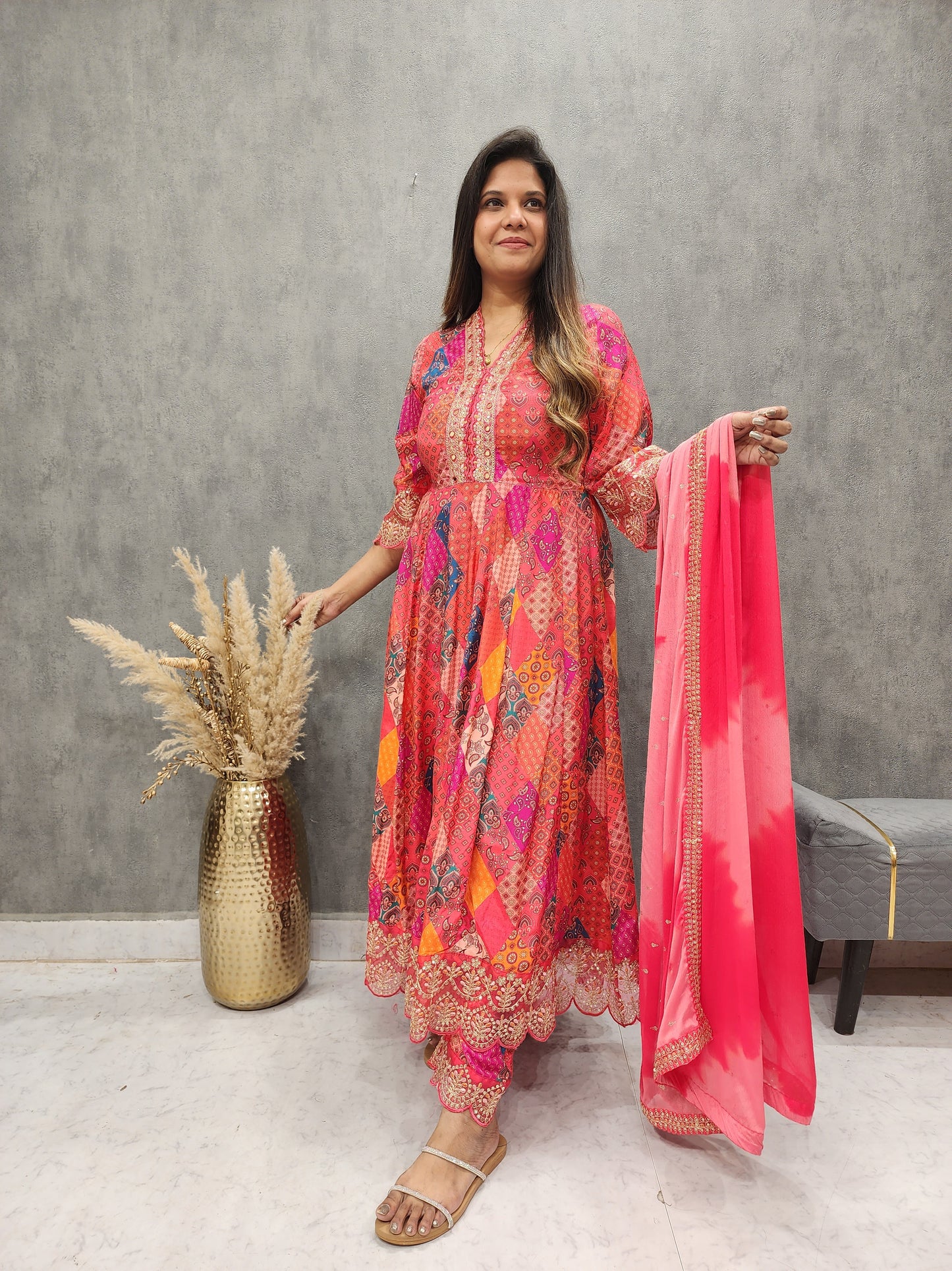 PINK ABSTRACT EMBROIDED ANARKALI 3PC SUIT WITH ORGANZA DUPATTA
