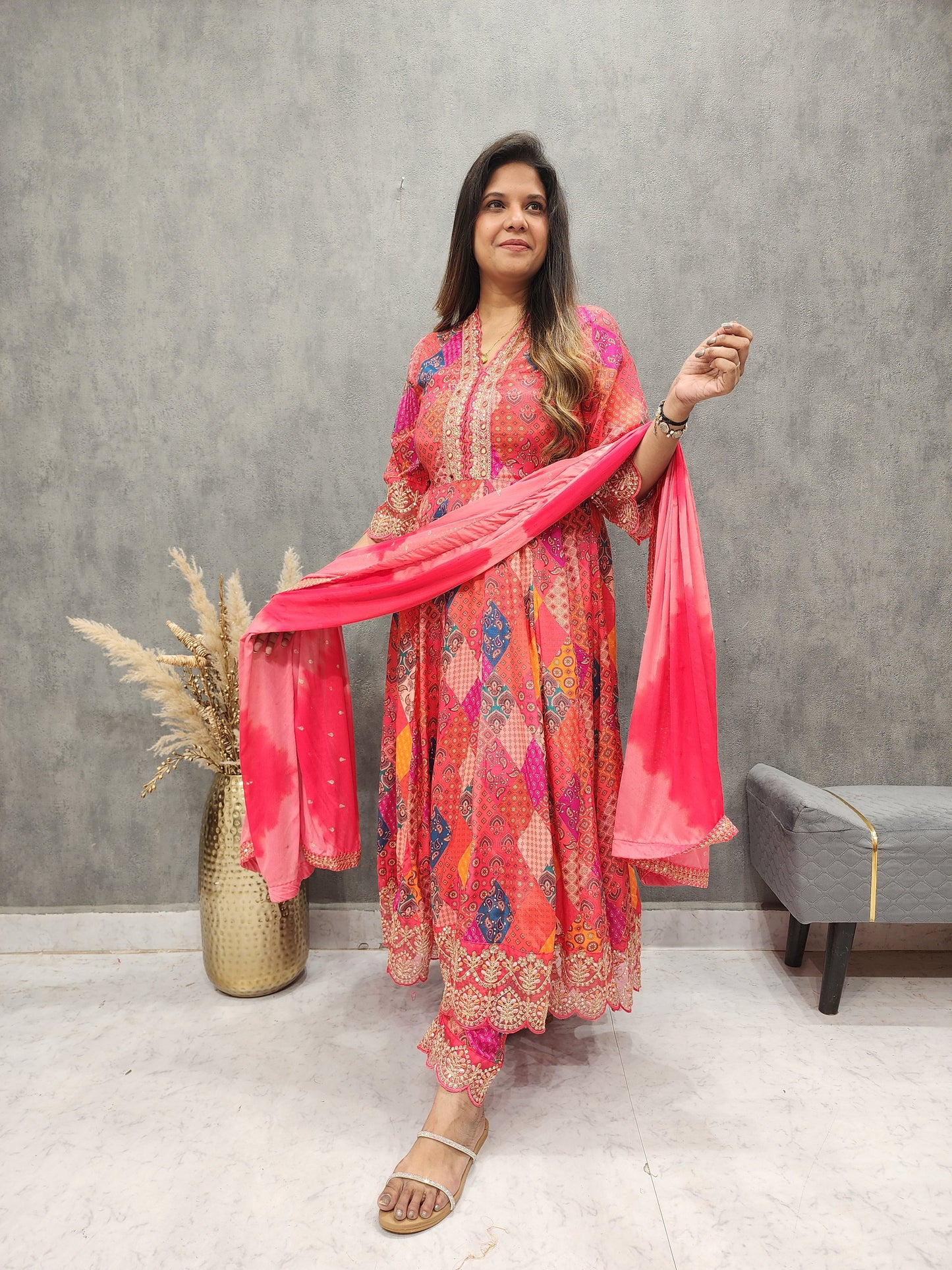 PINK ABSTRACT EMBROIDED ANARKALI 3PC SUIT WITH ORGANZA DUPATTA