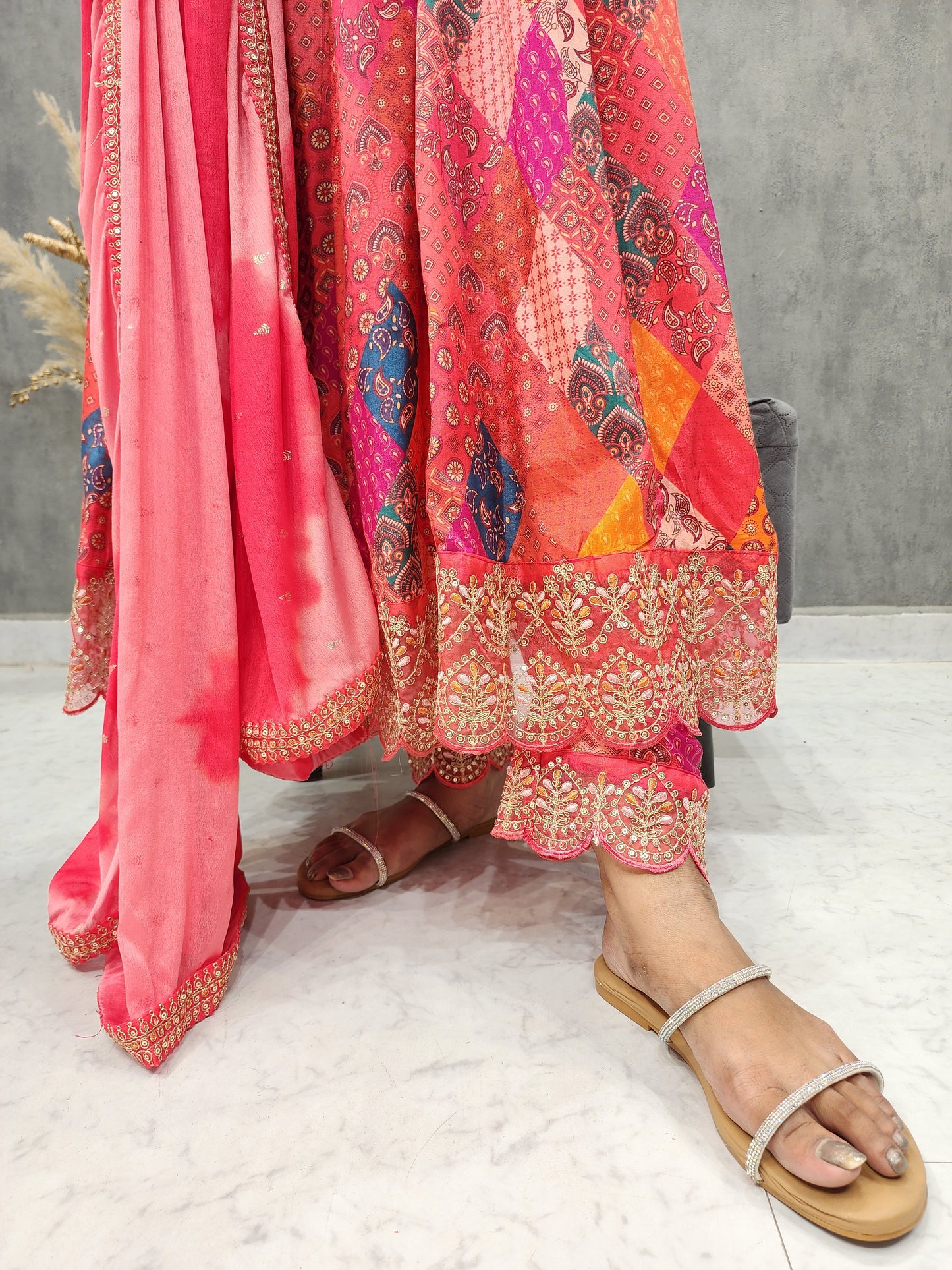 PINK ABSTRACT EMBROIDED ANARKALI 3PC SUIT WITH ORGANZA DUPATTA