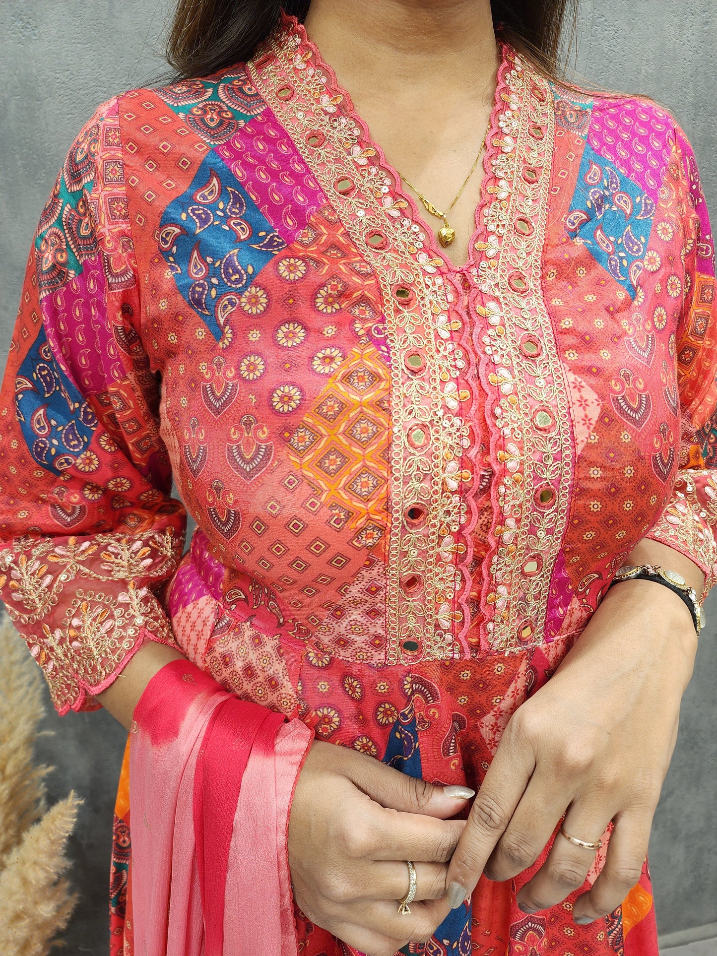 PINK ABSTRACT EMBROIDED ANARKALI 3PC SUIT WITH ORGANZA DUPATTA