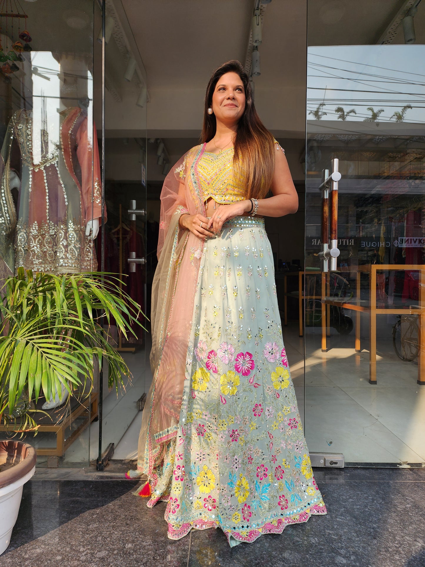 YELLOW MULTI COLOUR FLORAL EMBROIDERED LEHENGA SET