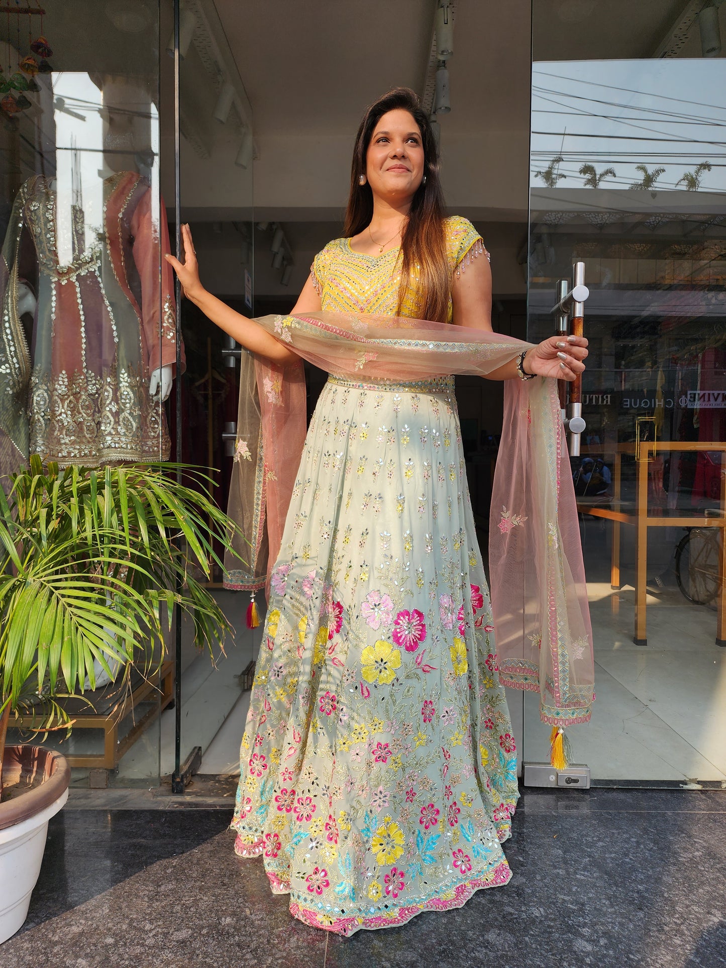 YELLOW MULTI COLOUR FLORAL EMBROIDERED LEHENGA SET