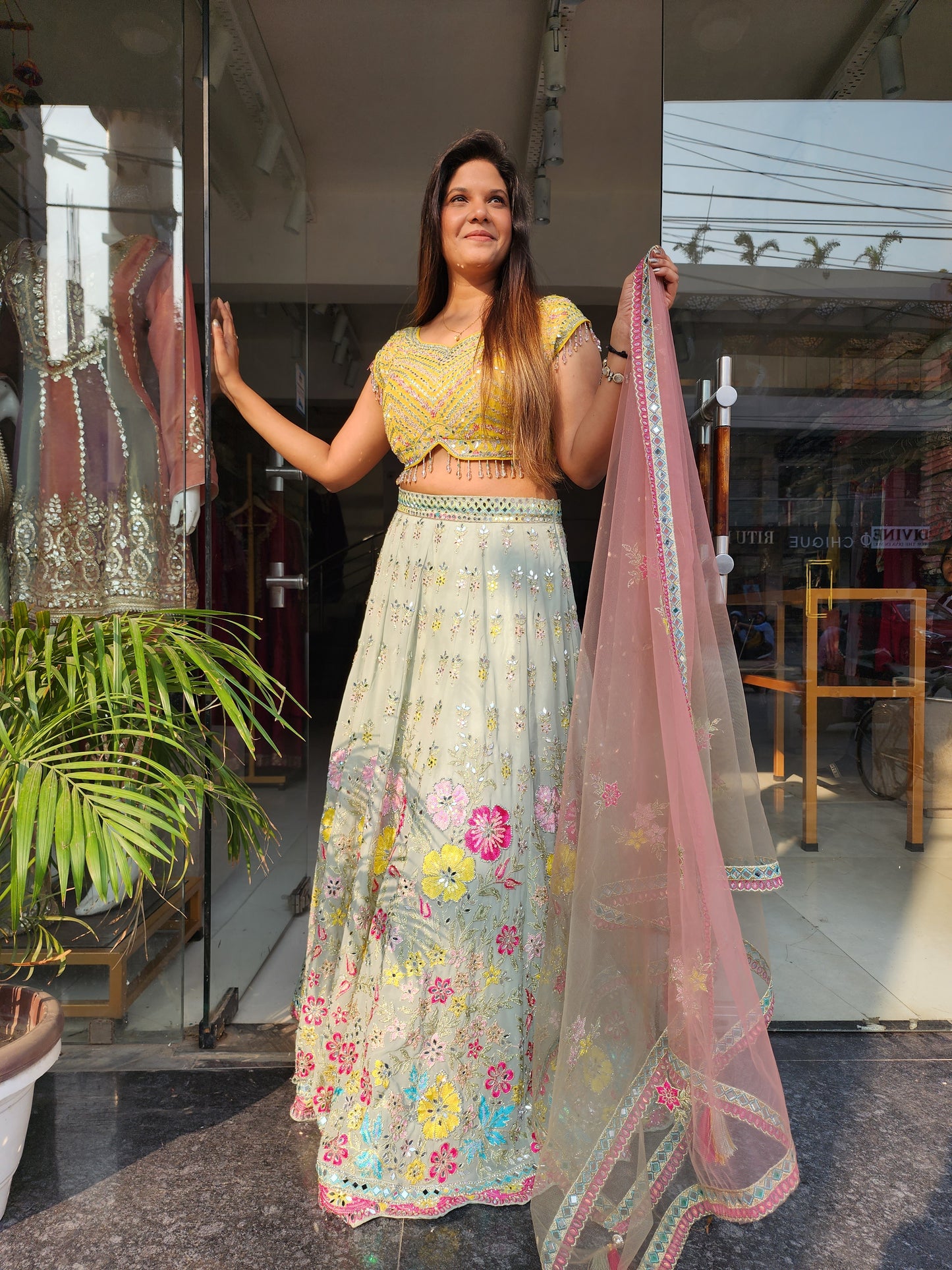 YELLOW MULTI COLOUR FLORAL EMBROIDERED LEHENGA SET