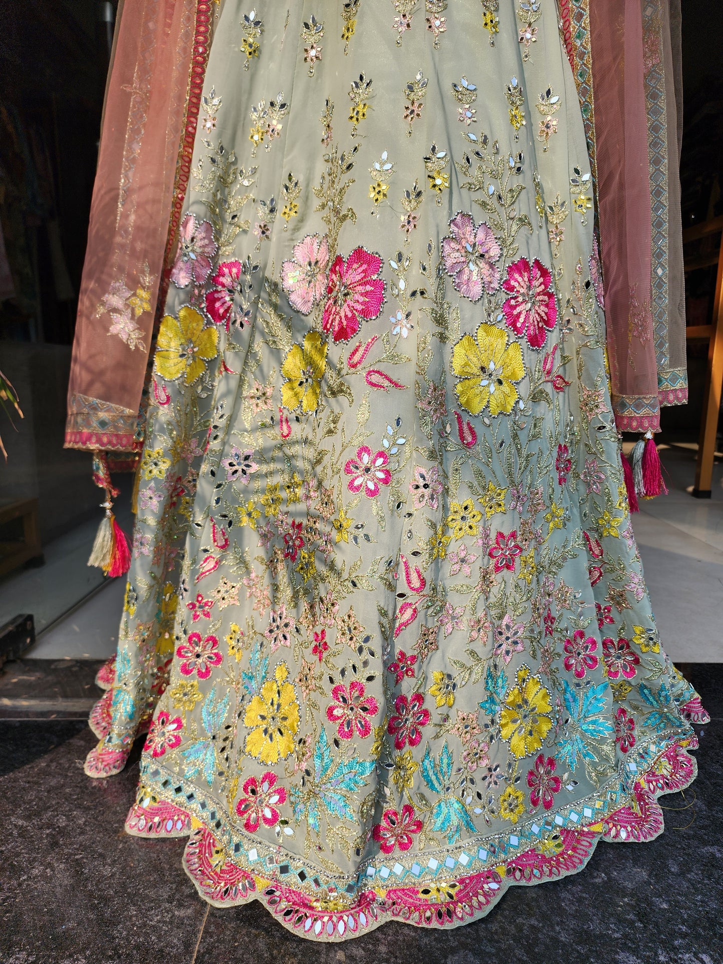 YELLOW MULTI COLOUR FLORAL EMBROIDERED LEHENGA SET