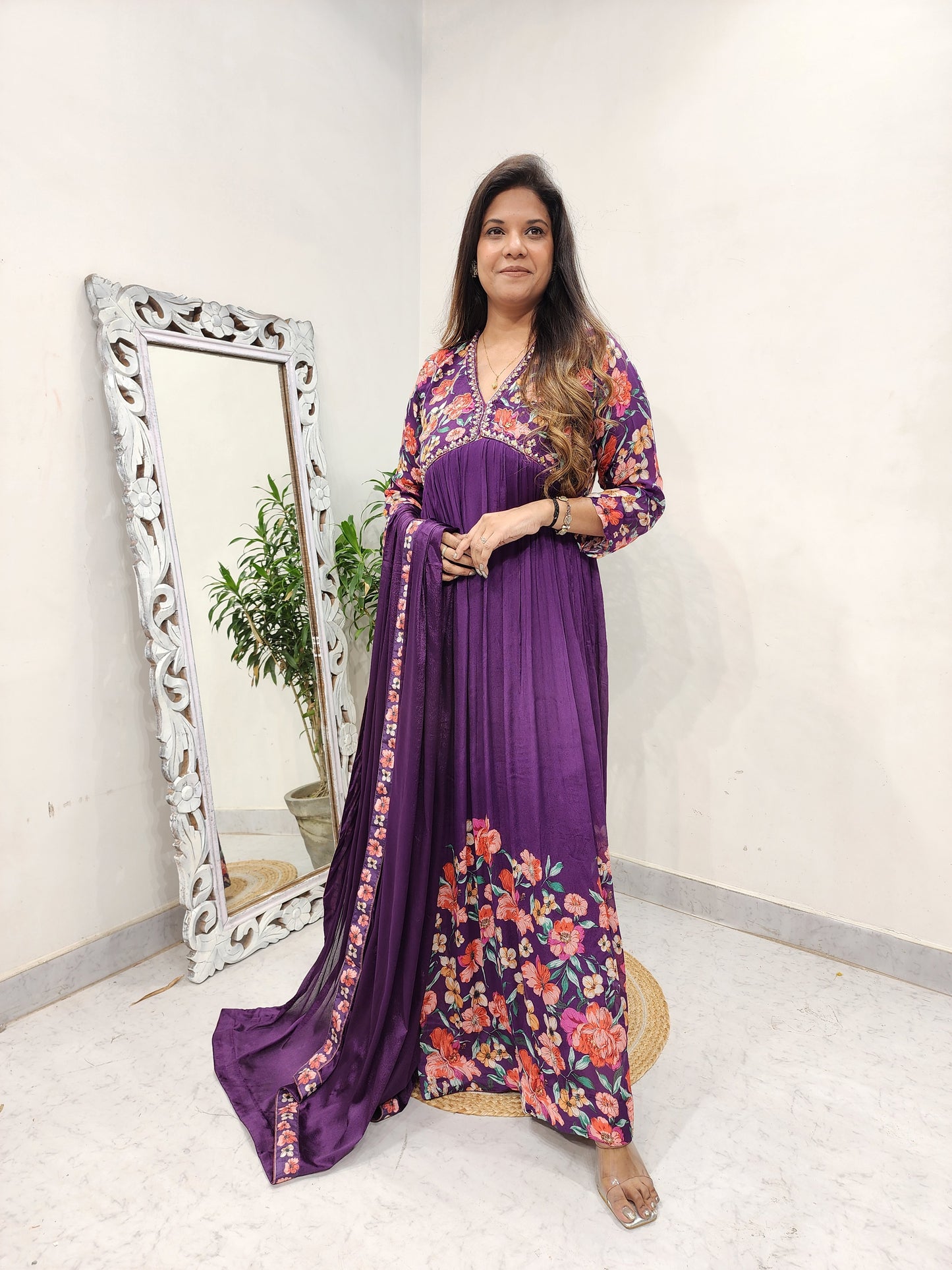 KARISHMA PURPLE FLORAL ALIA CUT MAXI GOWN