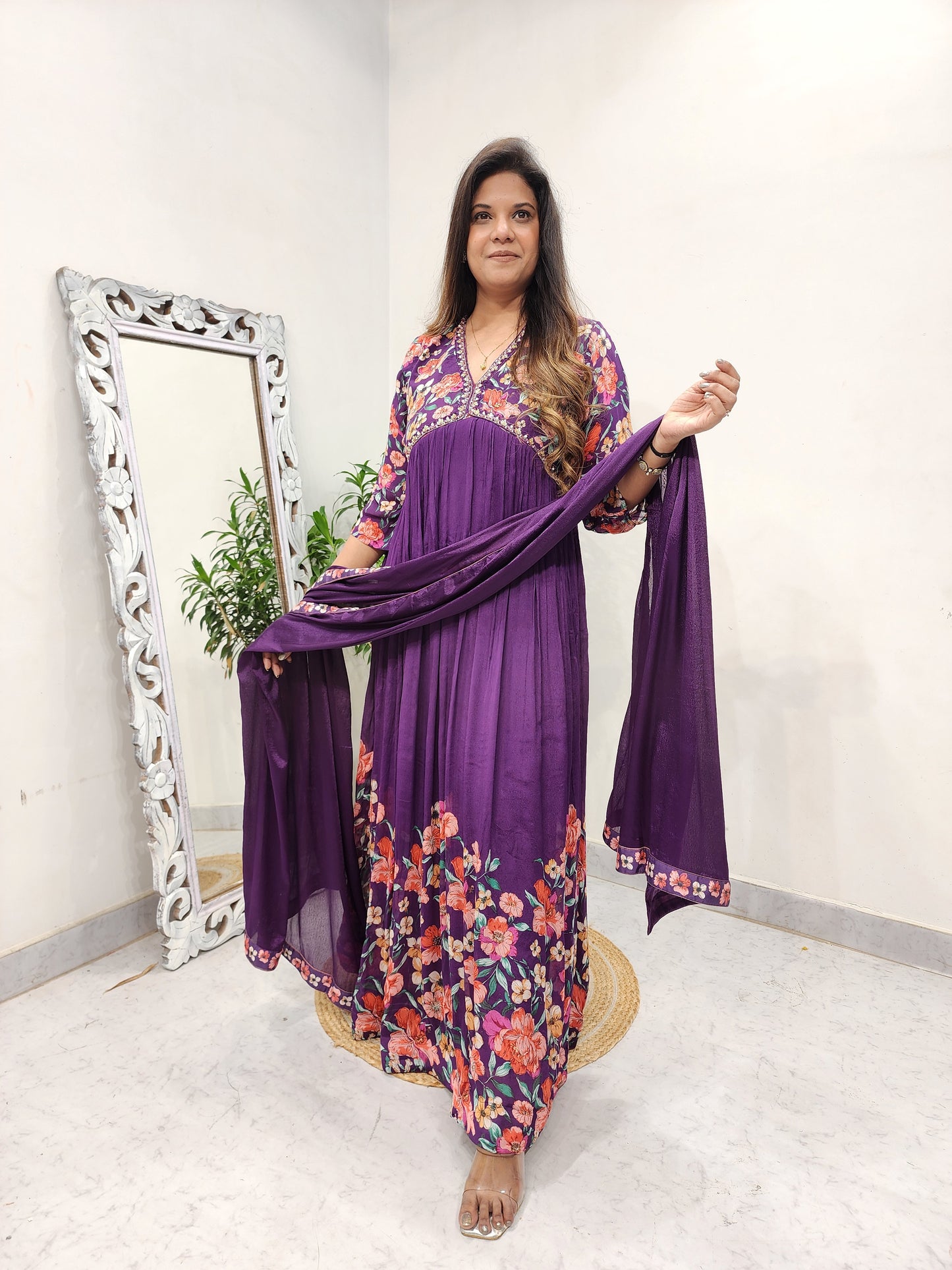 KARISHMA PURPLE FLORAL ALIA CUT MAXI GOWN
