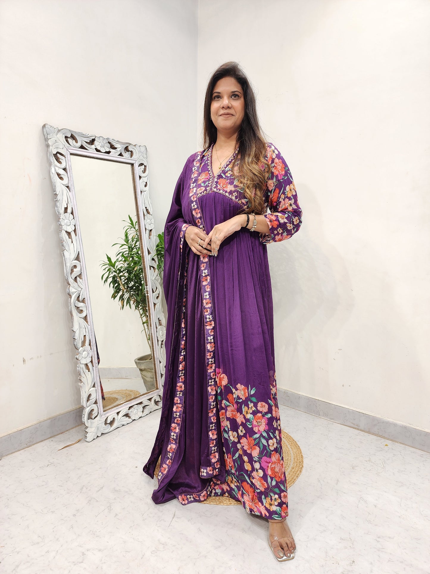 KARISHMA PURPLE FLORAL ALIA CUT MAXI GOWN