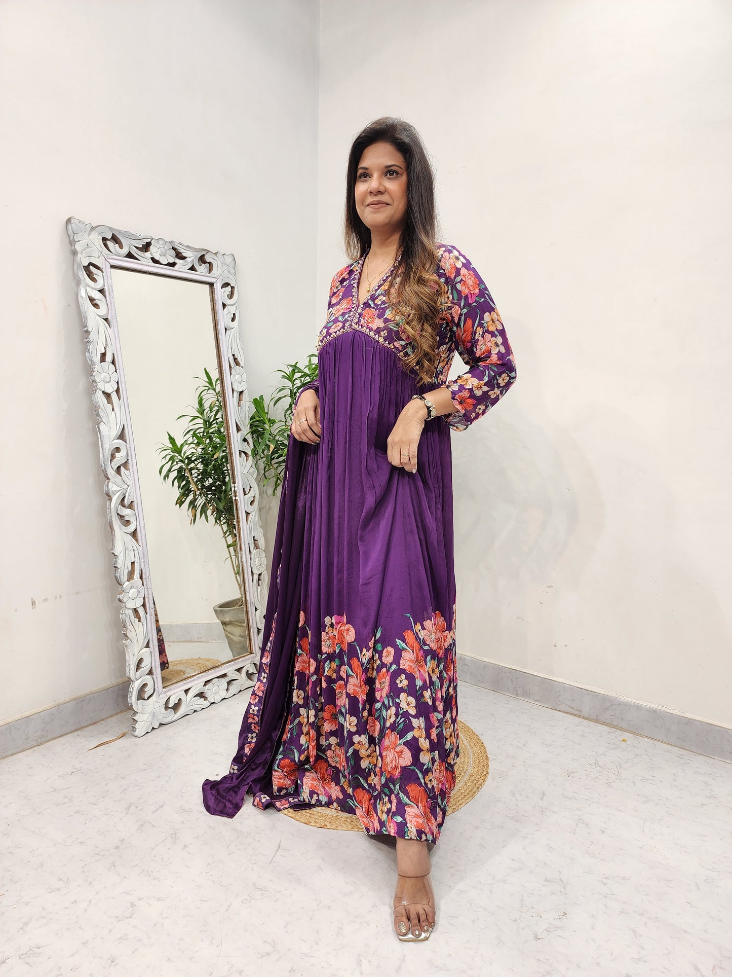 KARISHMA PURPLE FLORAL ALIA CUT MAXI GOWN
