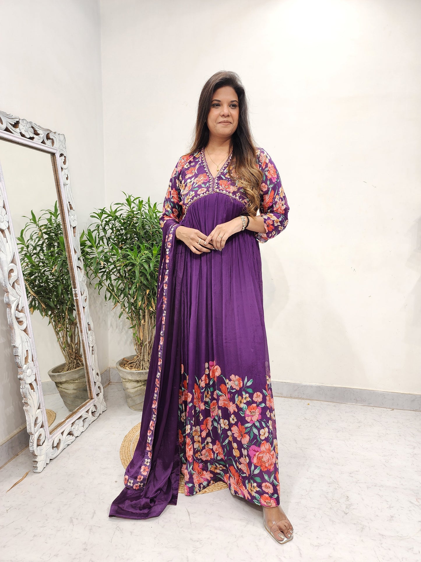 KARISHMA PURPLE FLORAL ALIA CUT MAXI GOWN