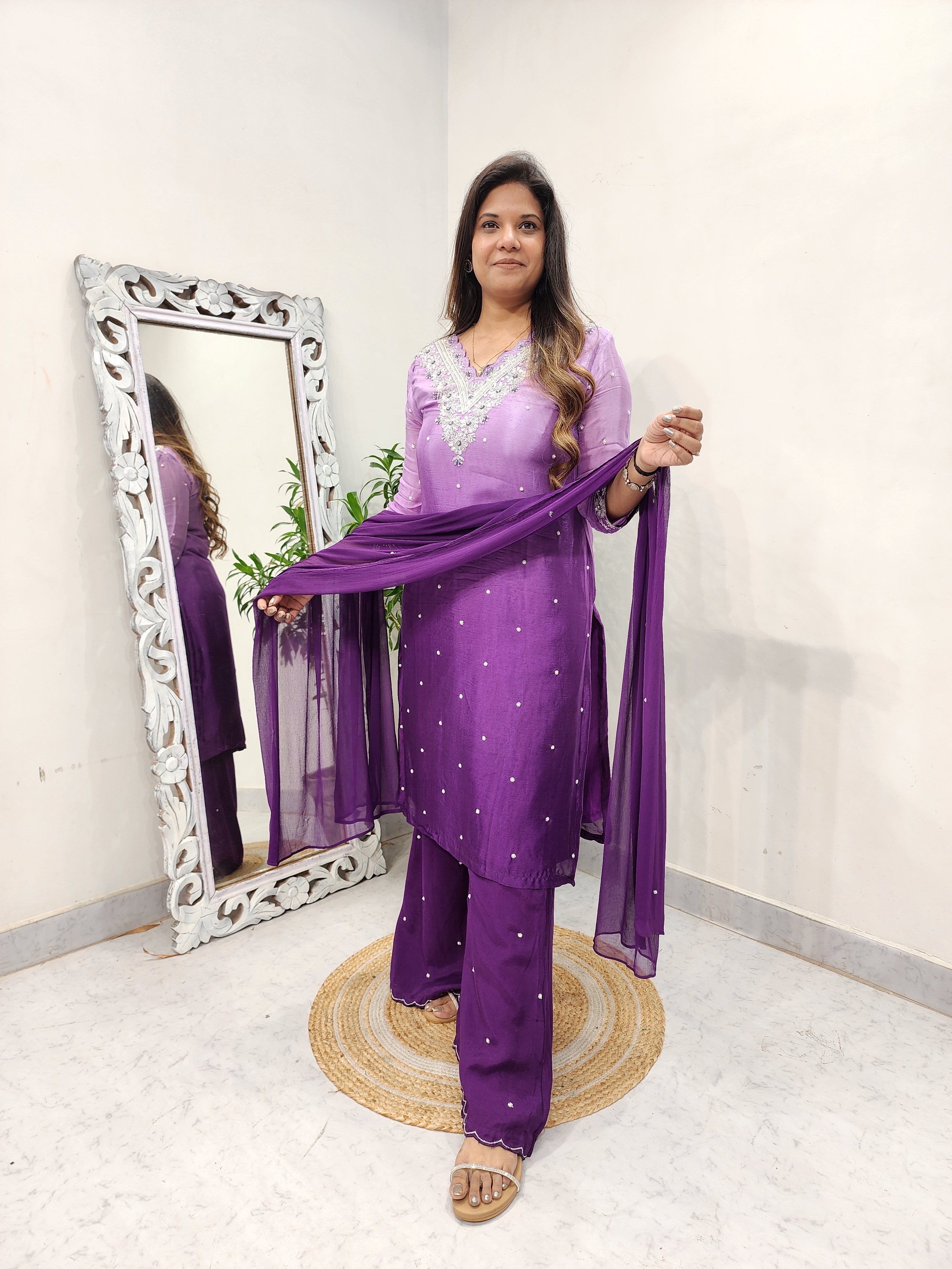 Shades Of Purple Ombre Embroided Plazo Suit