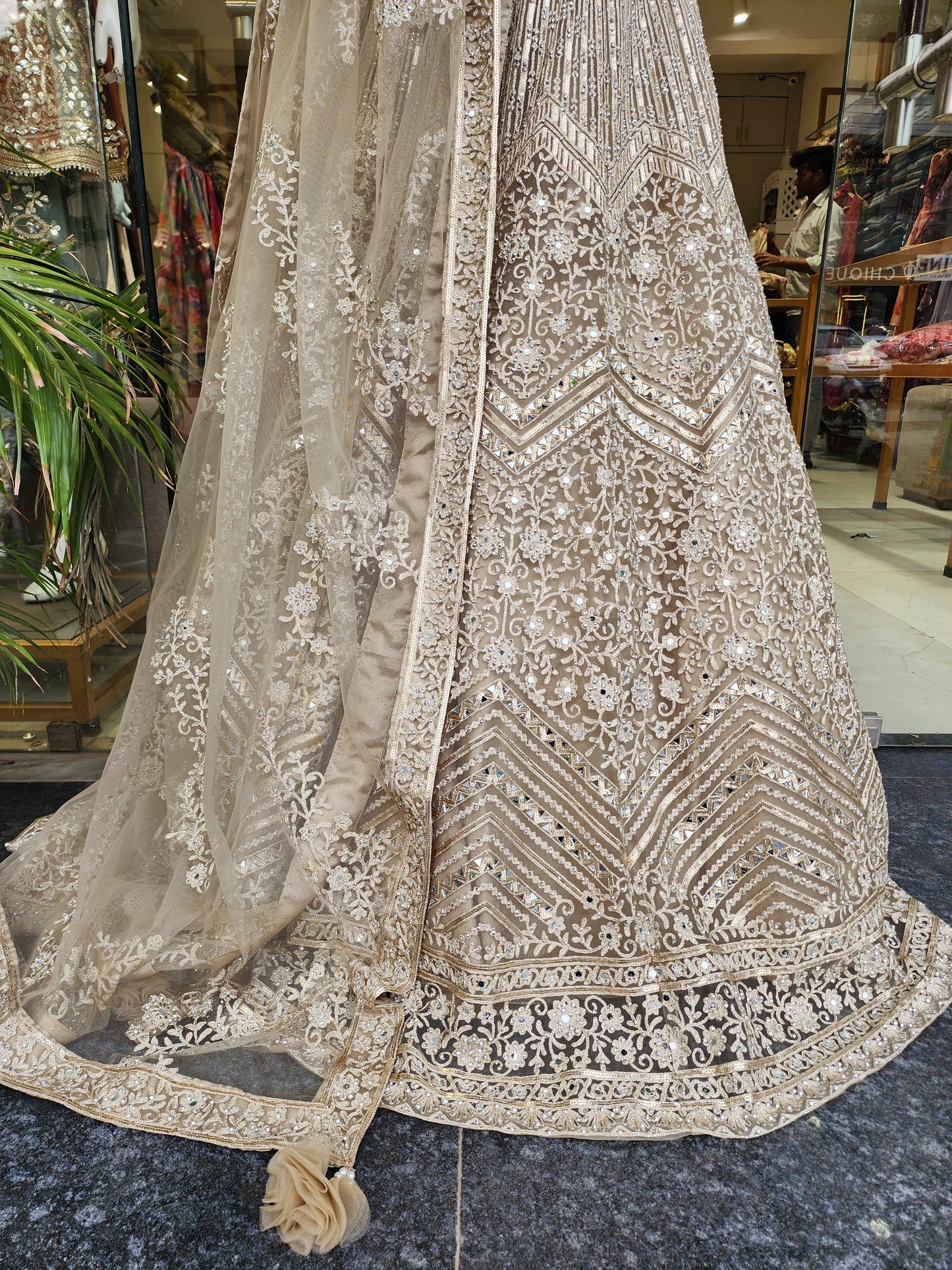 CHAMPAGNE AARIWORK LEHENGA WITH REAL MIRROR DETAILING