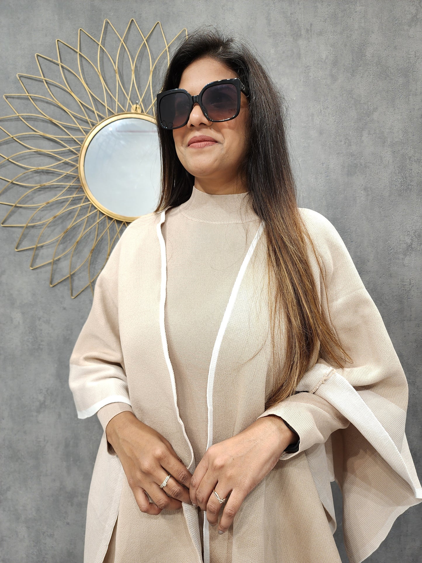 Zoe beige wollen 3/4th dress with cape