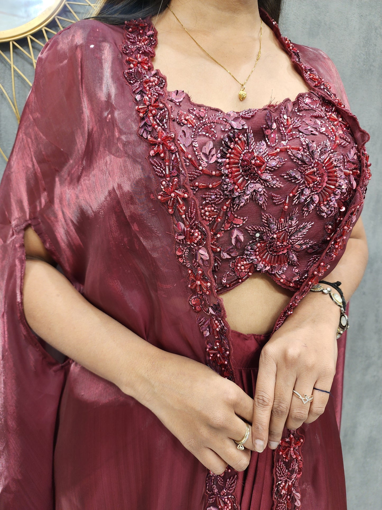 Red carpet metallik maroon cowl indowestern dress