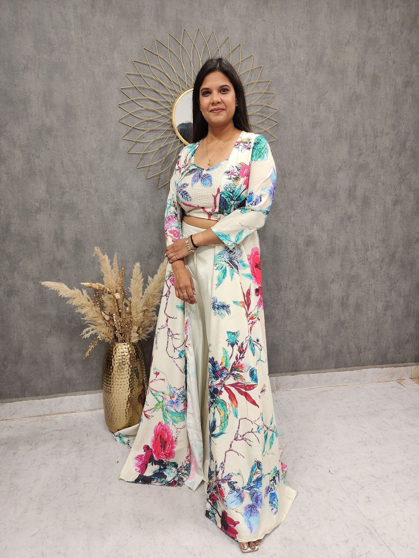 Ivory floral print 3plc indo-western flary jacket