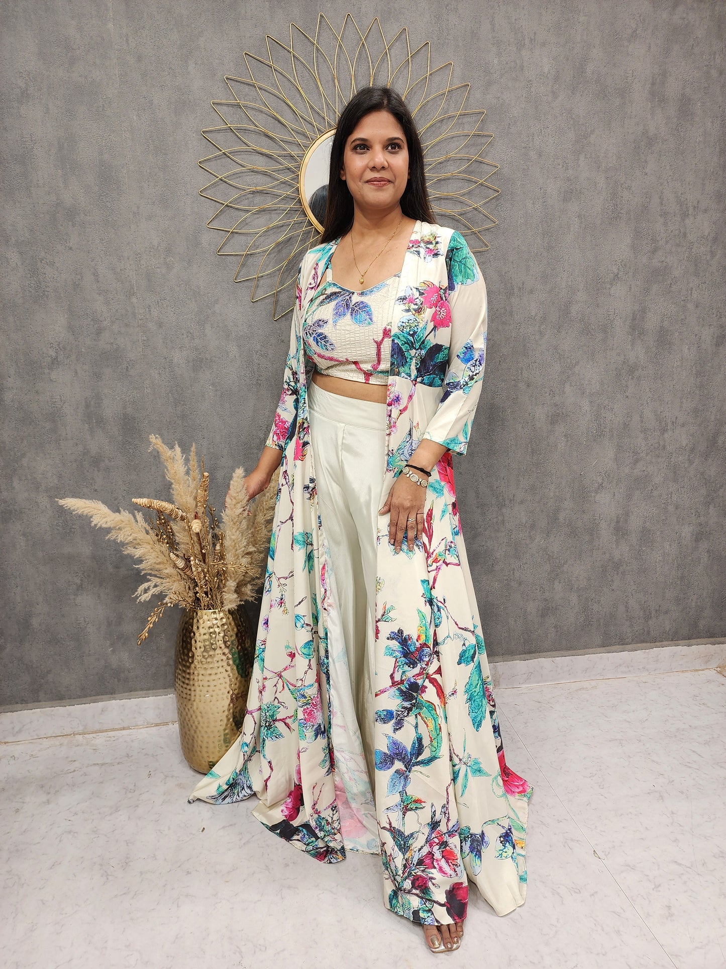 Ivory floral print 3plc indo-western flary jacket