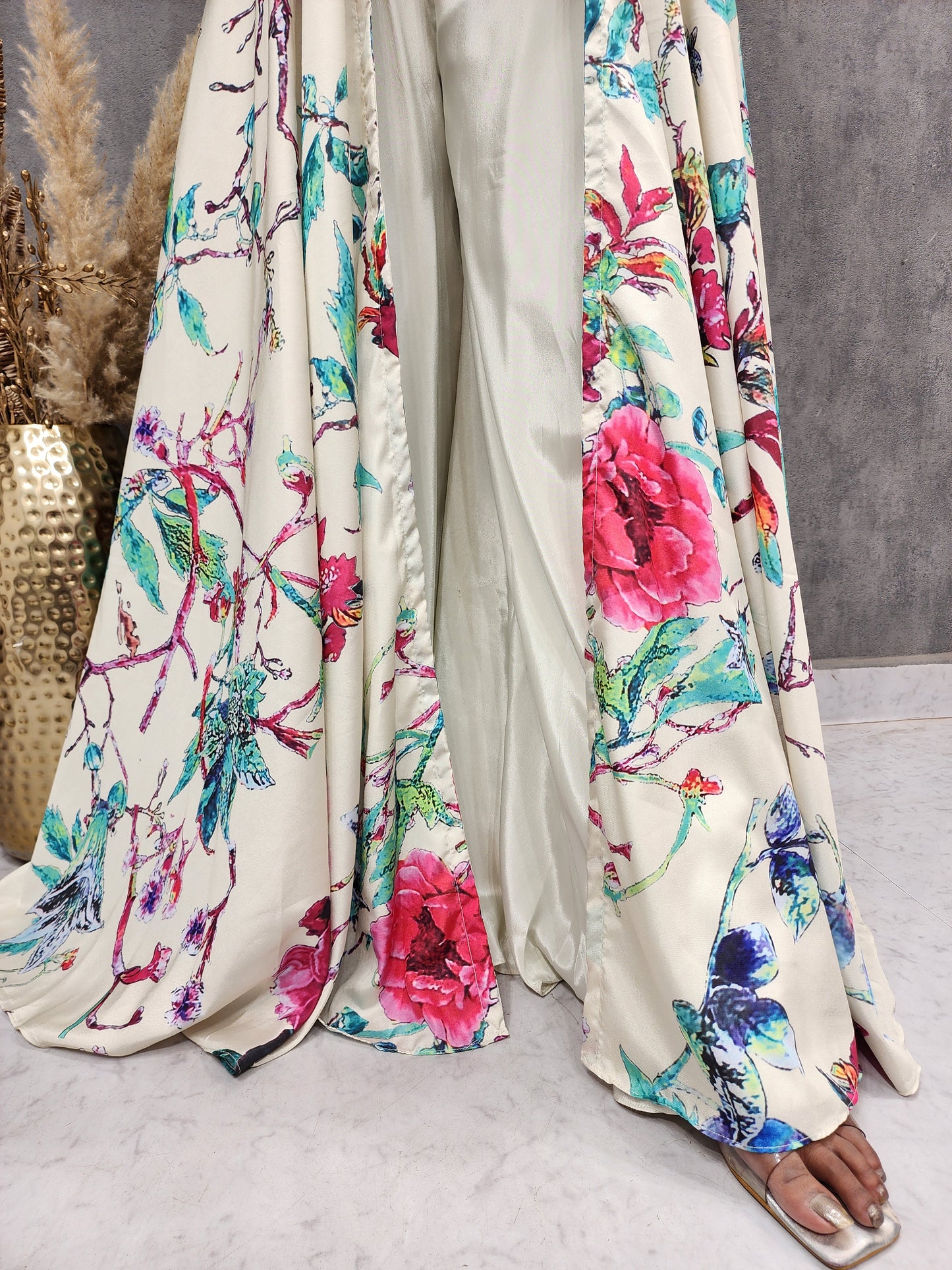 Ivory floral print 3plc indo-western flary jacket