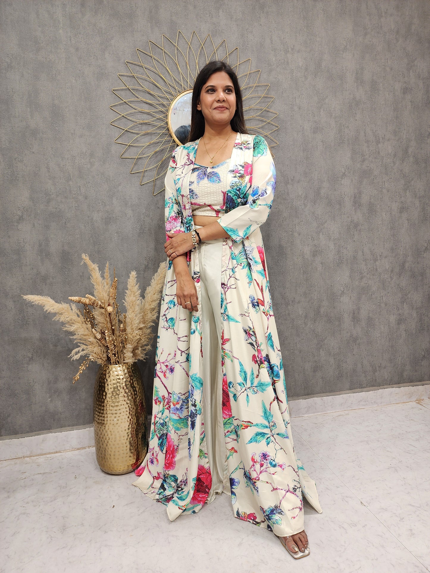 Ivory floral print 3plc indo-western flary jacket