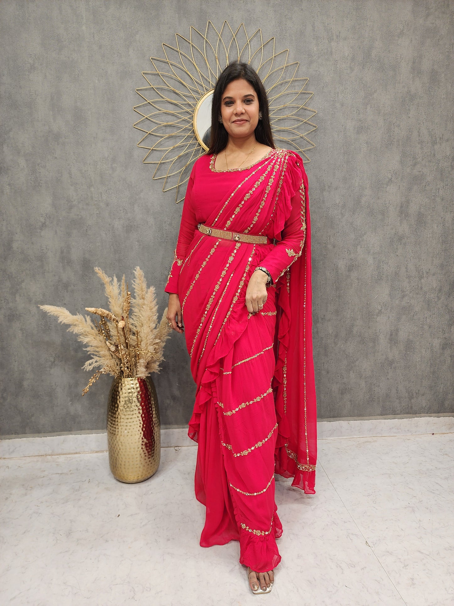 Ps cherry red drape ruffles saree