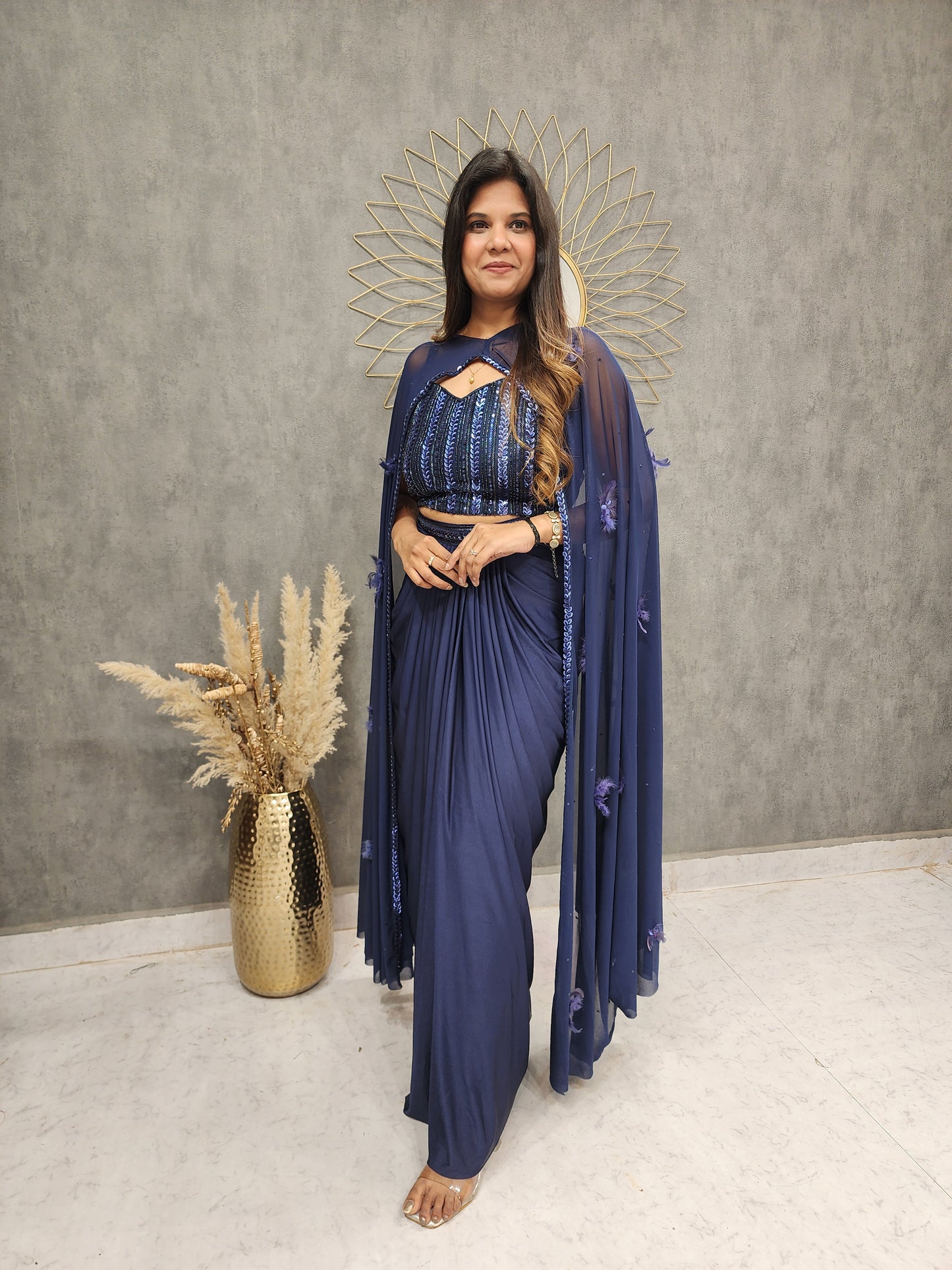 Blue cape style dupatta cowl dress
