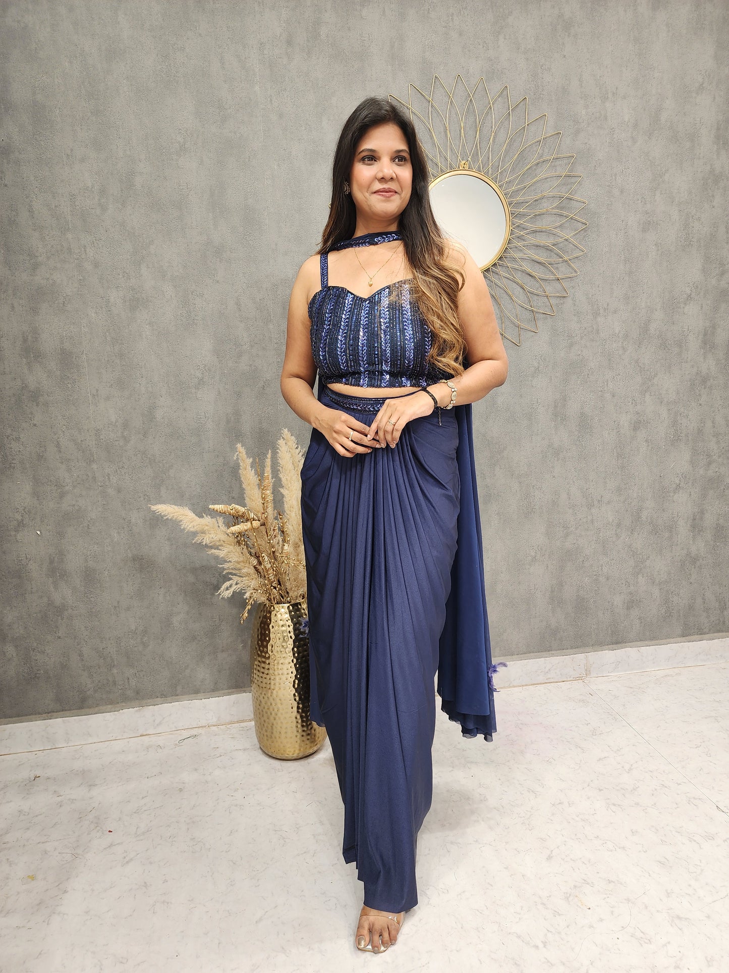 Blue cape style dupatta cowl dress