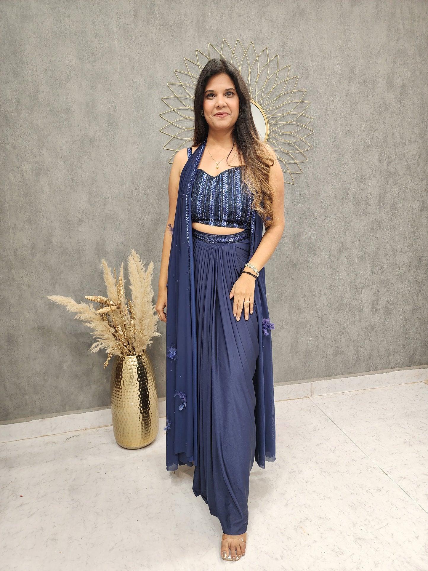 Blue cape style dupatta cowl dress