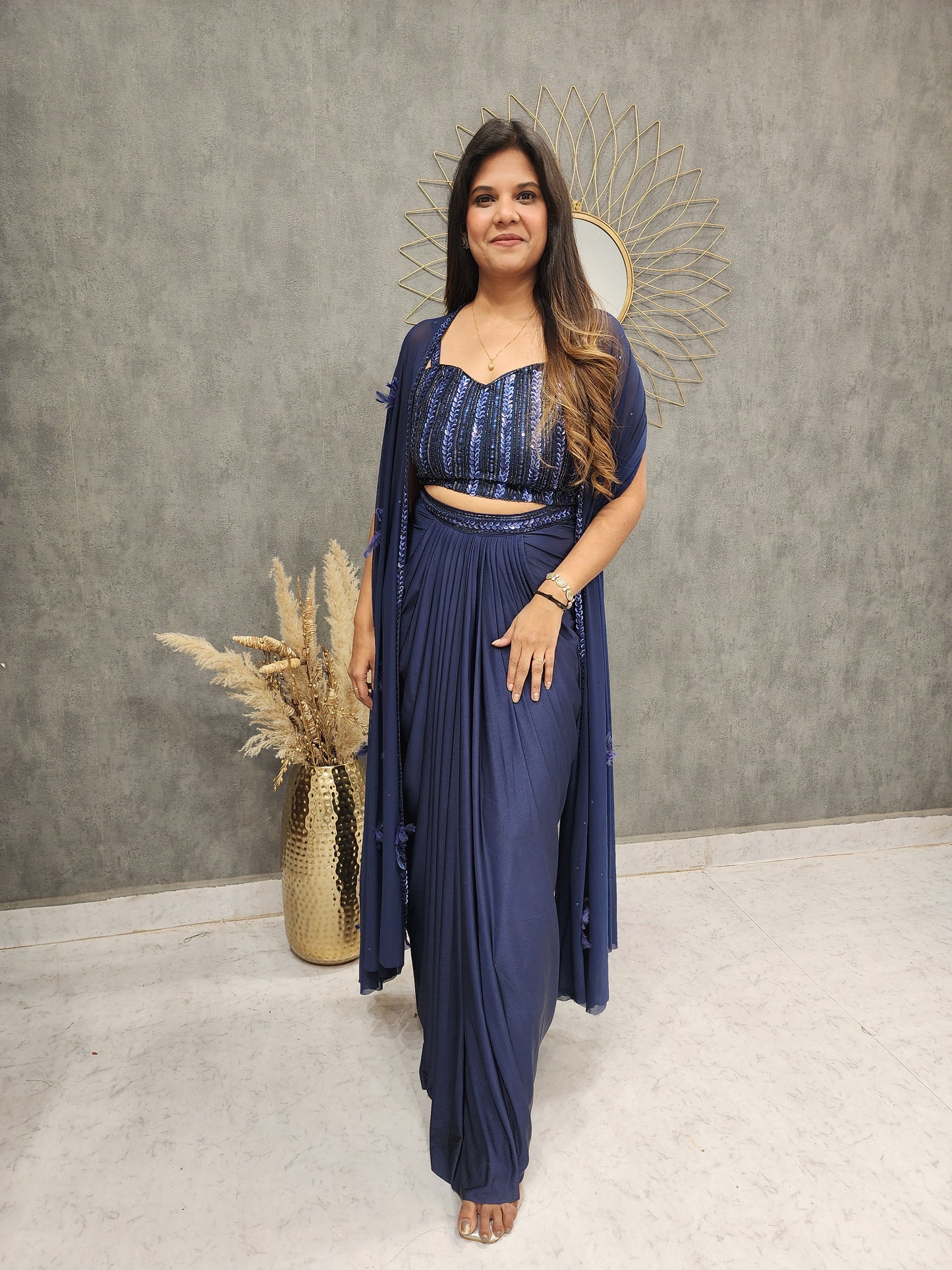 Blue cape style dupatta cowl dress