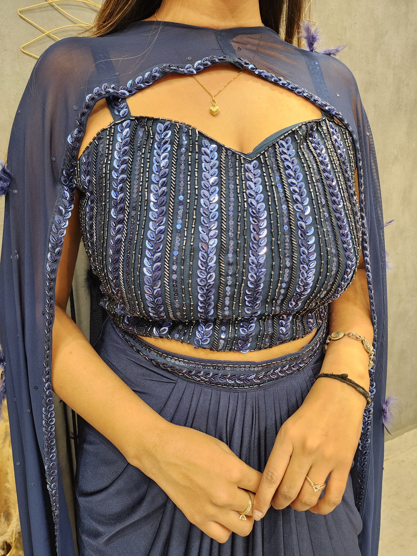 Blue cape style dupatta cowl dress
