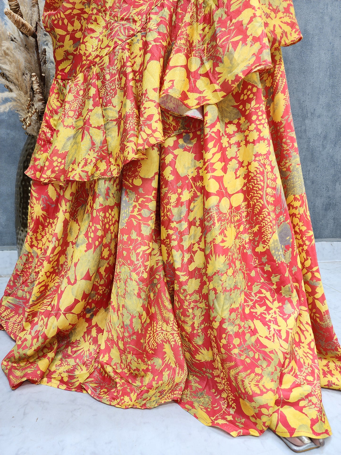 Printed ruffles divider saree with belt