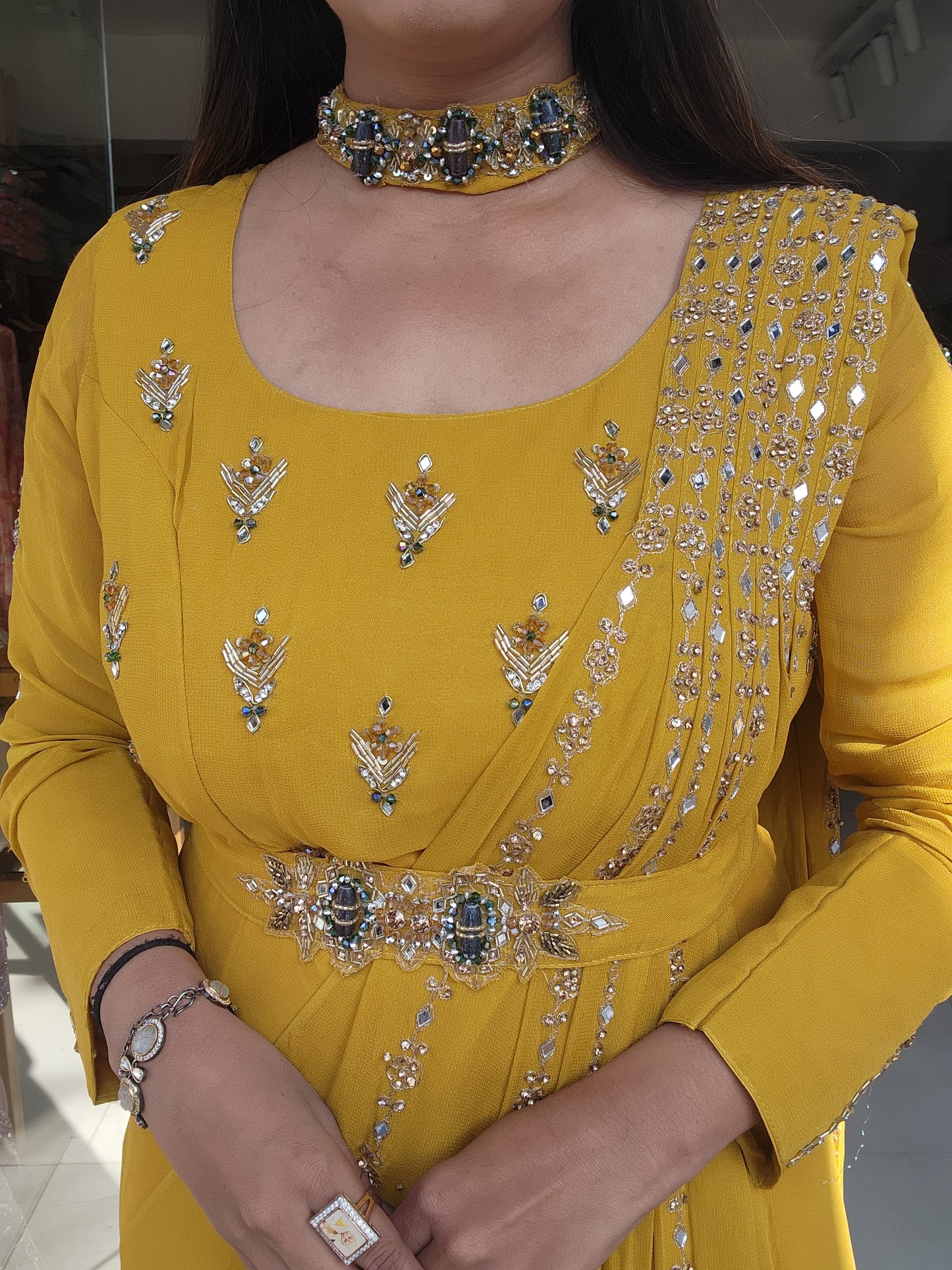 Haldi yellow embroided maxi gown with chocker and belt