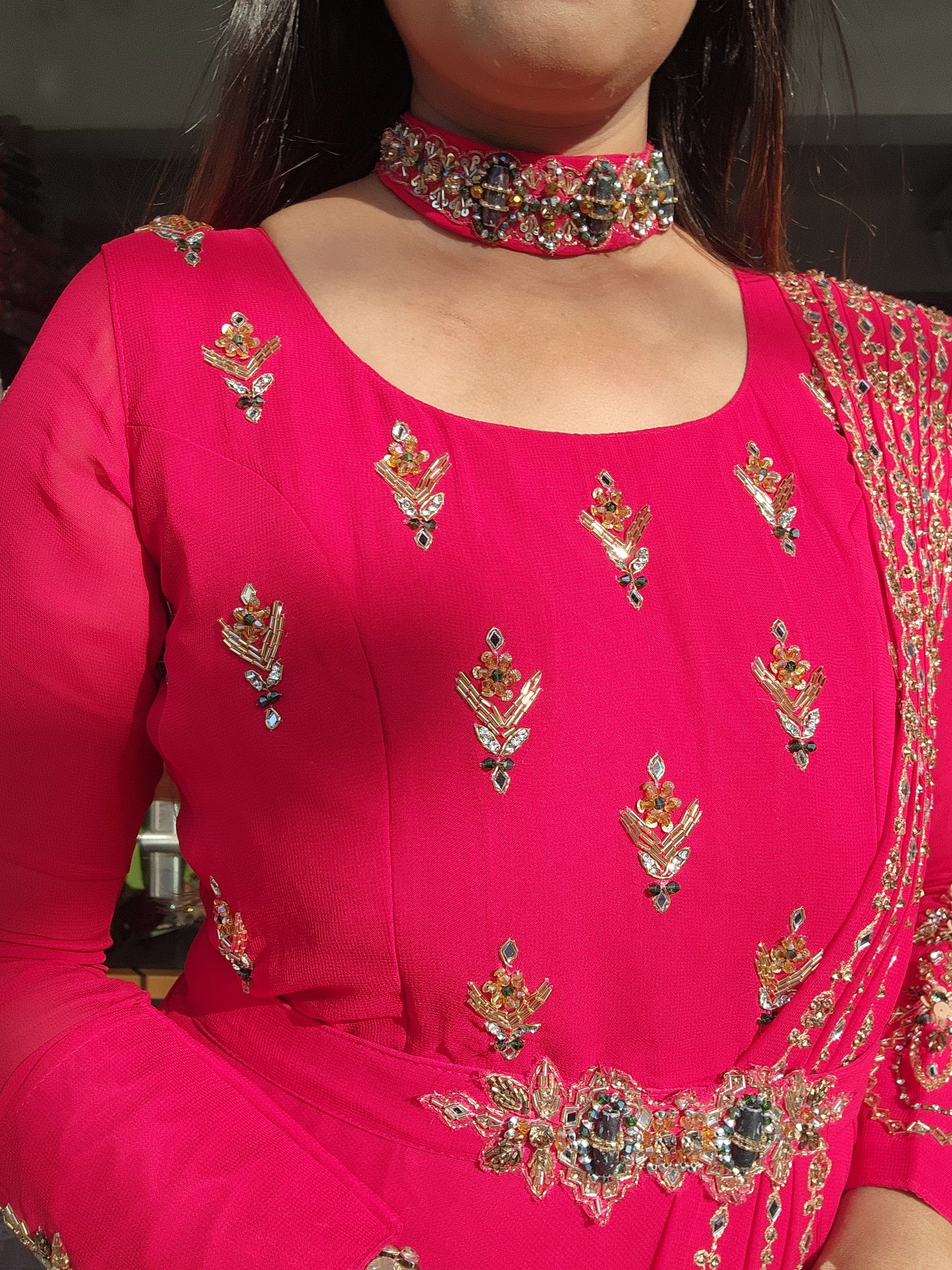 CHERRY RED EMBROIDED MAXI GOWN WITH CHOCKER AND BELT