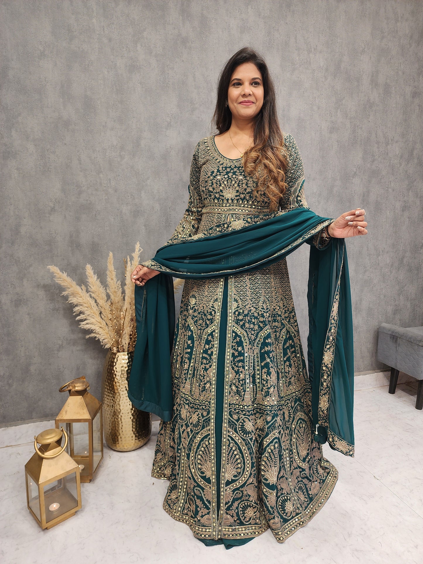 TEAL GREEN CENTRE SLIT EMBROIDED INDO-WESTERN SUIT