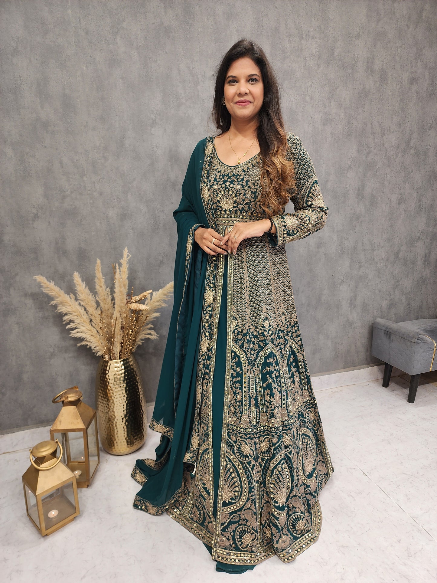 TEAL GREEN CENTRE SLIT EMBROIDED INDO-WESTERN SUIT