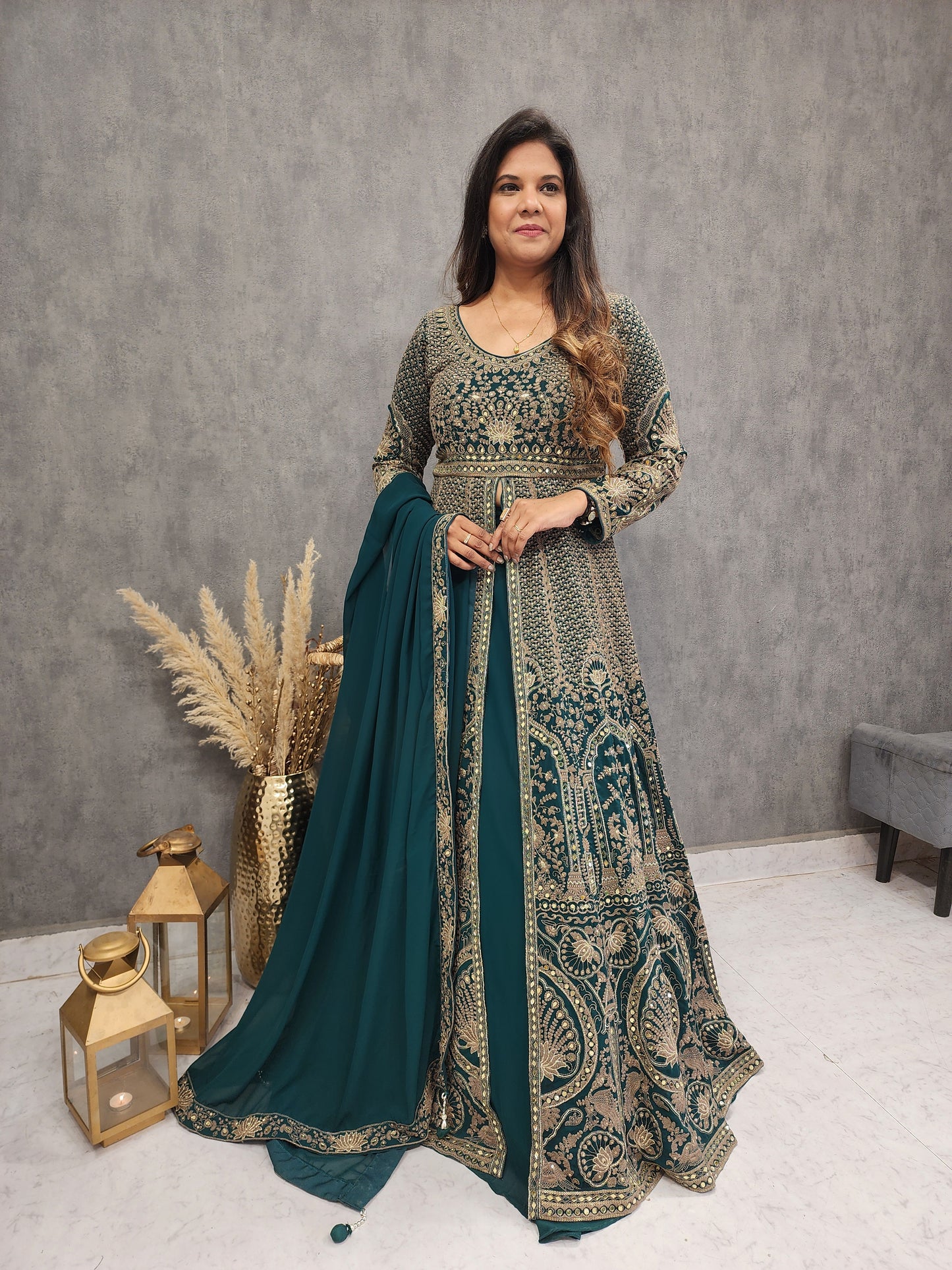 TEAL GREEN CENTRE SLIT EMBROIDED INDO-WESTERN SUIT