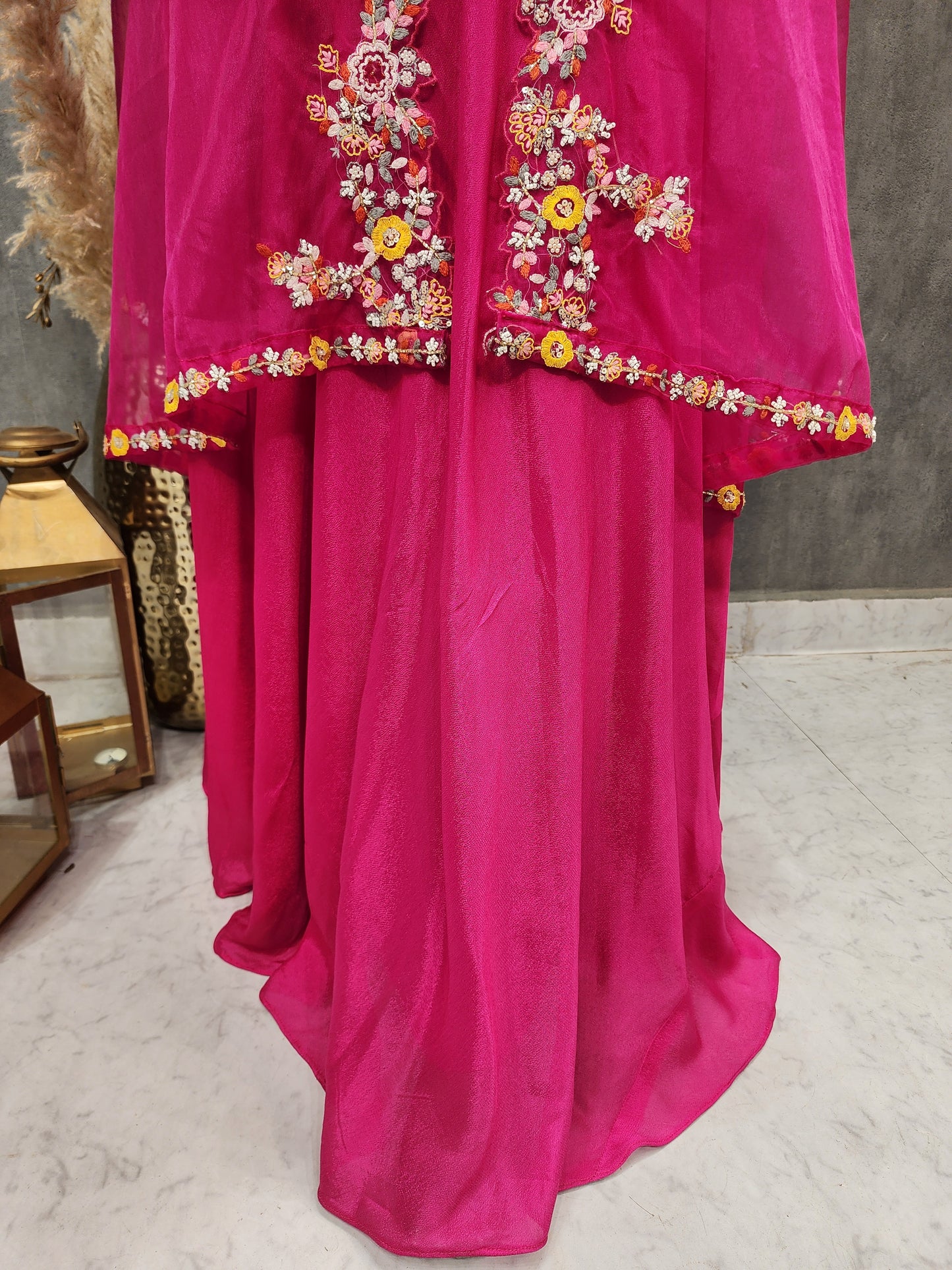 HOTPINK EMBROIDED CAPE MAXI GOWN WITH BELT