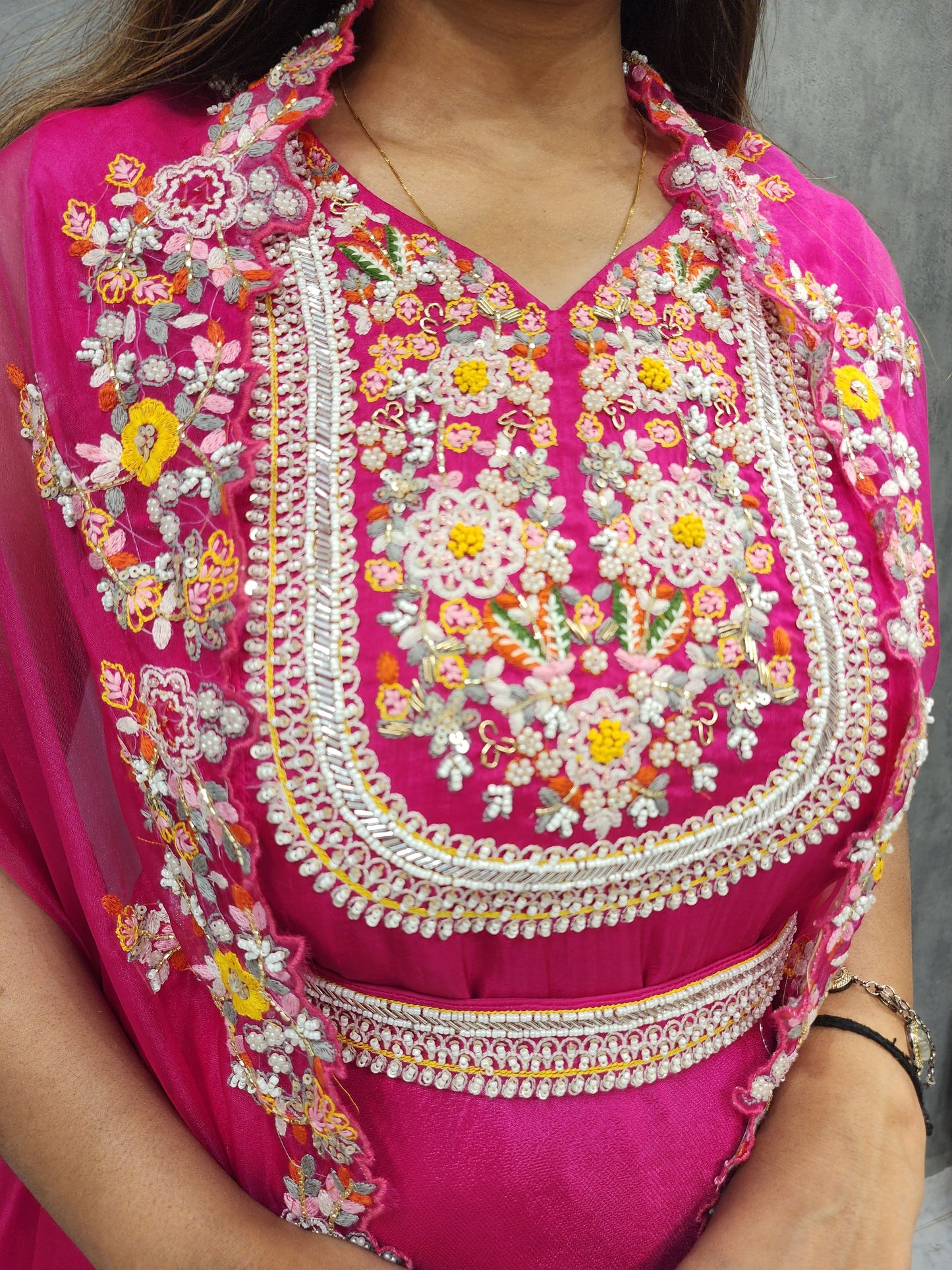 HOTPINK EMBROIDED CAPE MAXI GOWN WITH BELT